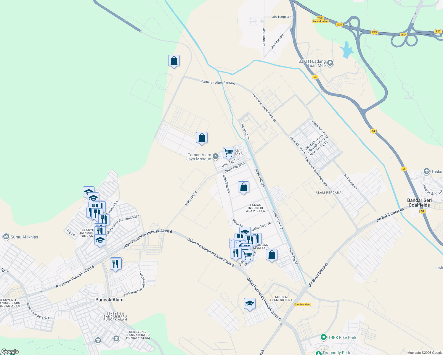 map of restaurants, bars, coffee shops, grocery stores, and more near 57 Jalan Tiaj 2/1 in Puncak Alam