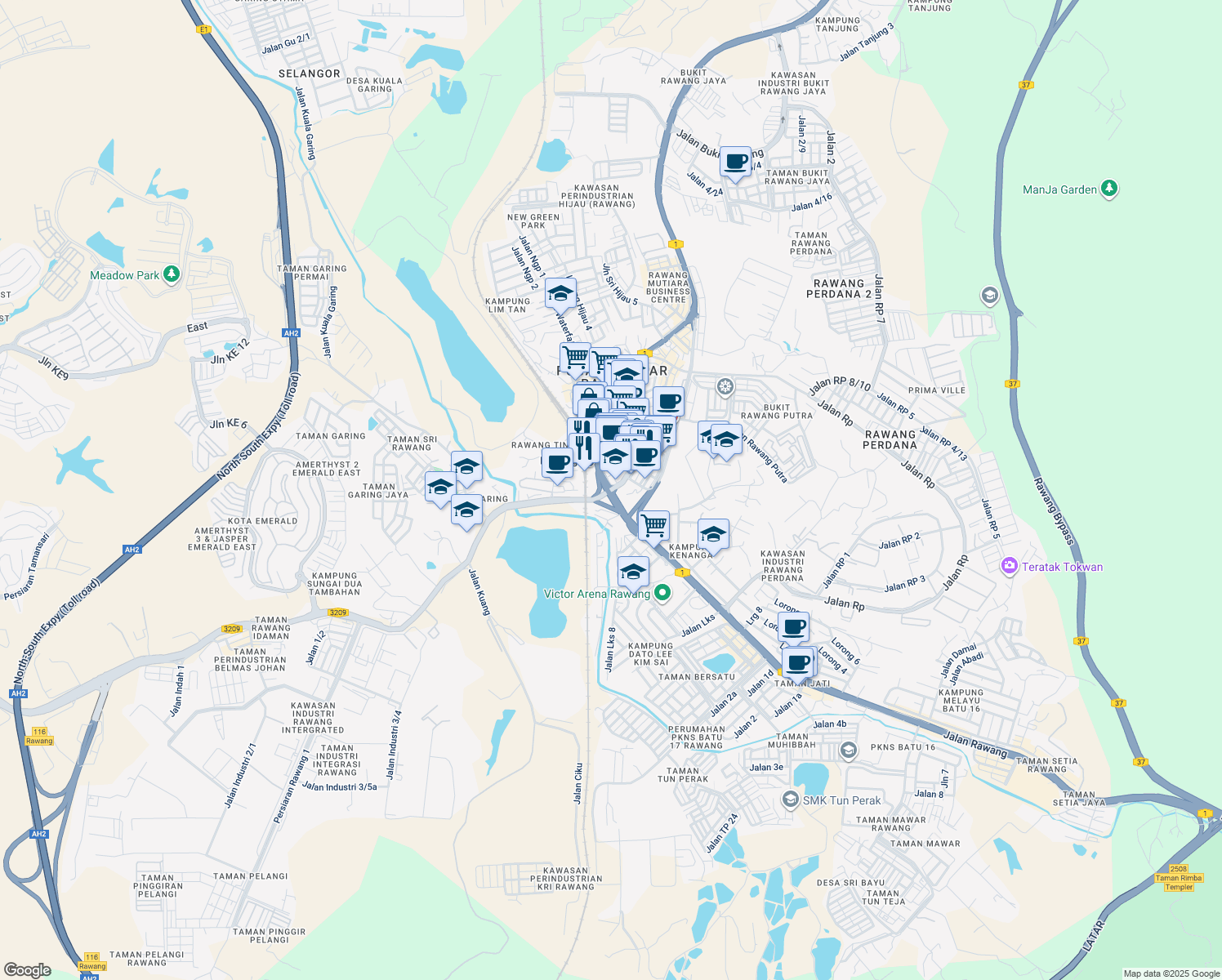 map of restaurants, bars, coffee shops, grocery stores, and more near Jalan Batu Arang in Rawang