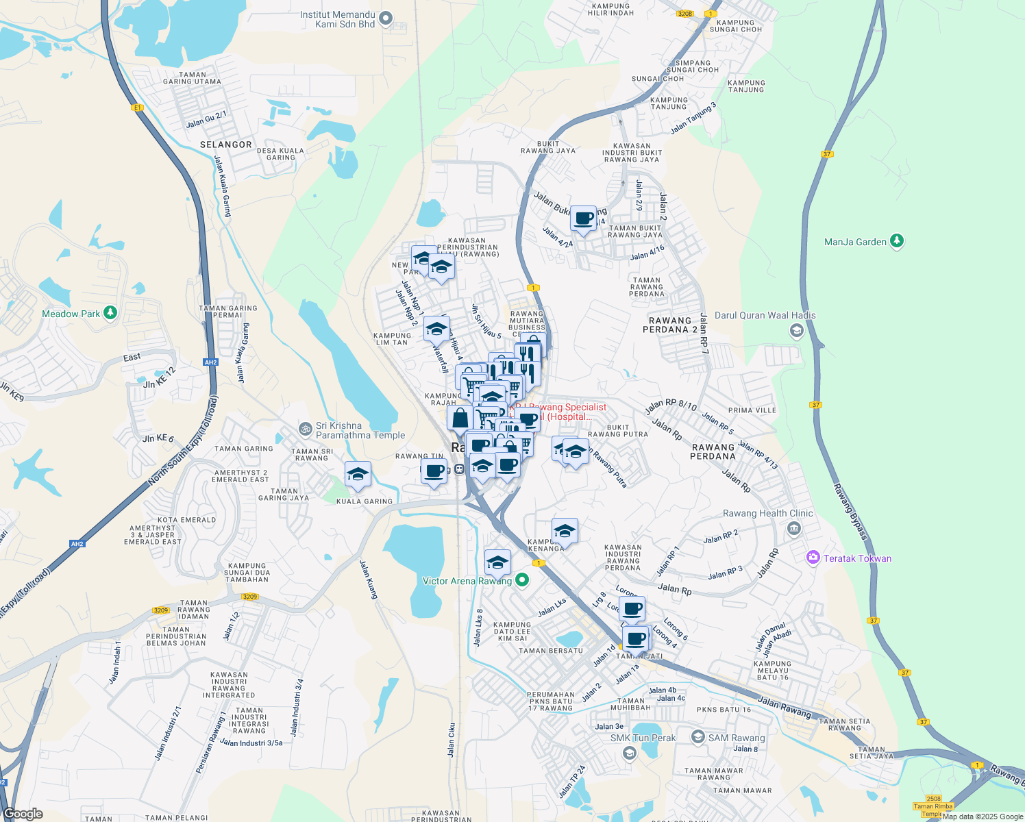 map of restaurants, bars, coffee shops, grocery stores, and more near Jalan Bandar Rawang 1 in Rawang