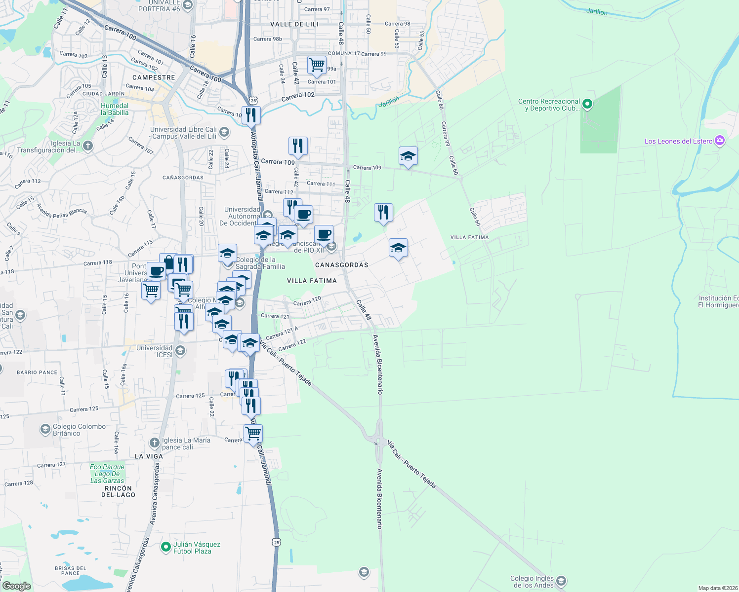 map of restaurants, bars, coffee shops, grocery stores, and more near 120-52 Calle 49 in Cali