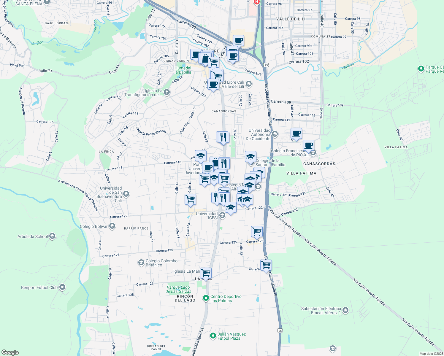 map of restaurants, bars, coffee shops, grocery stores, and more near 118-250 Calle 18 in Cali