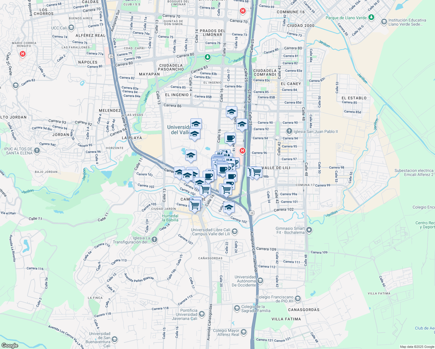 map of restaurants, bars, coffee shops, grocery stores, and more near 98100 Calle 16 in Cali