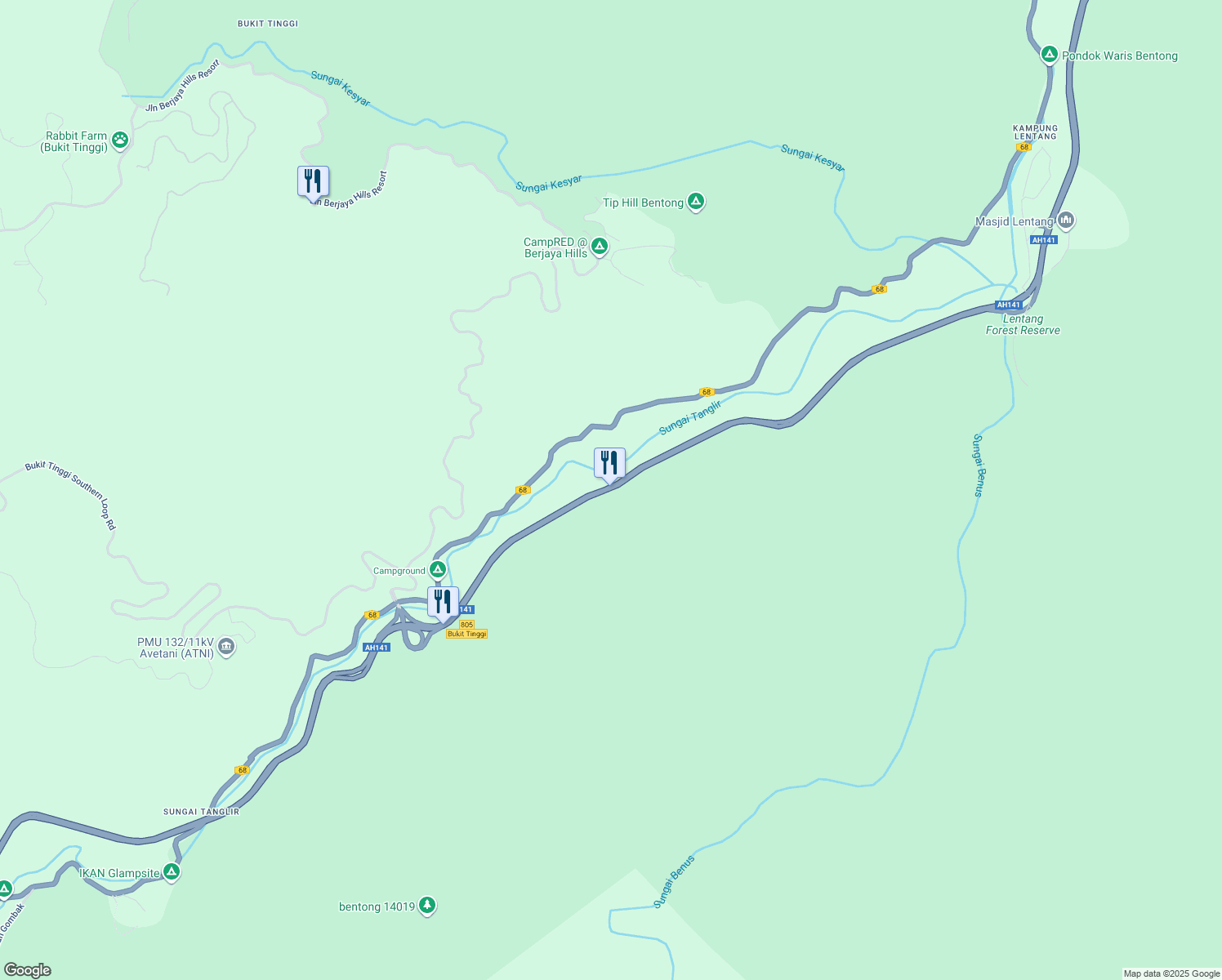 map of restaurants, bars, coffee shops, grocery stores, and more near Karak Highway in Bentong