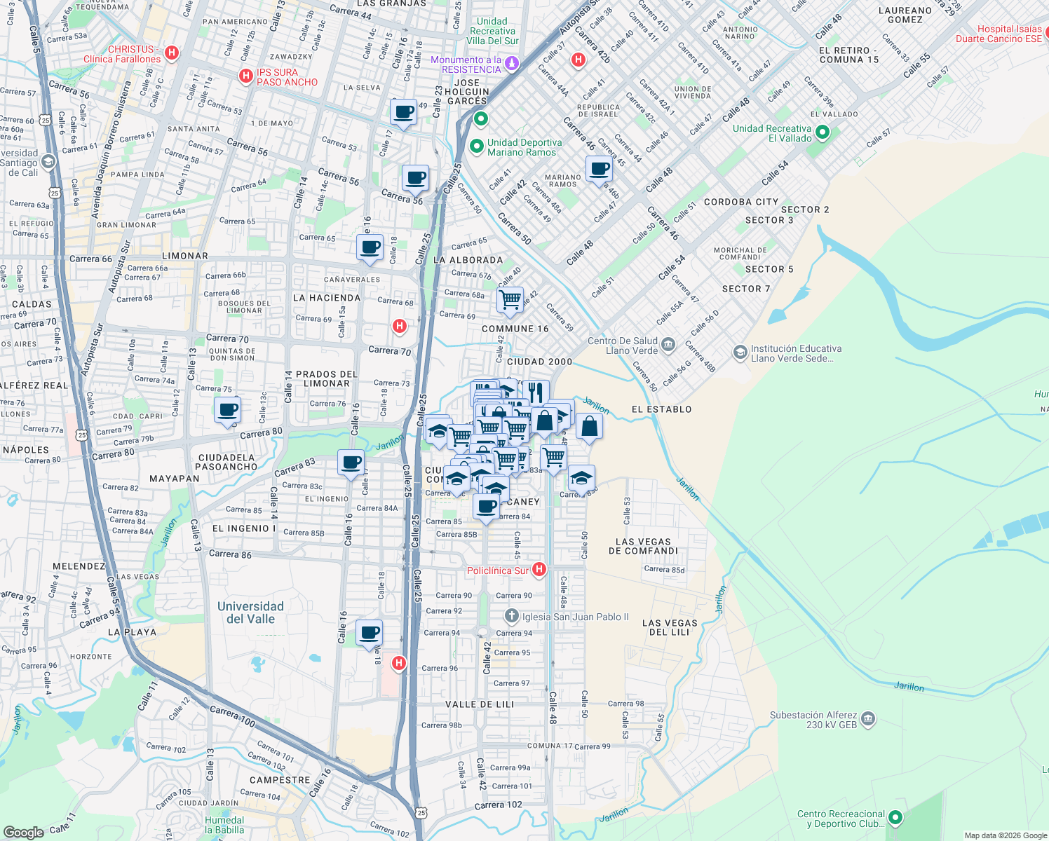 map of restaurants, bars, coffee shops, grocery stores, and more near 4553 Carrera 80a in Cali