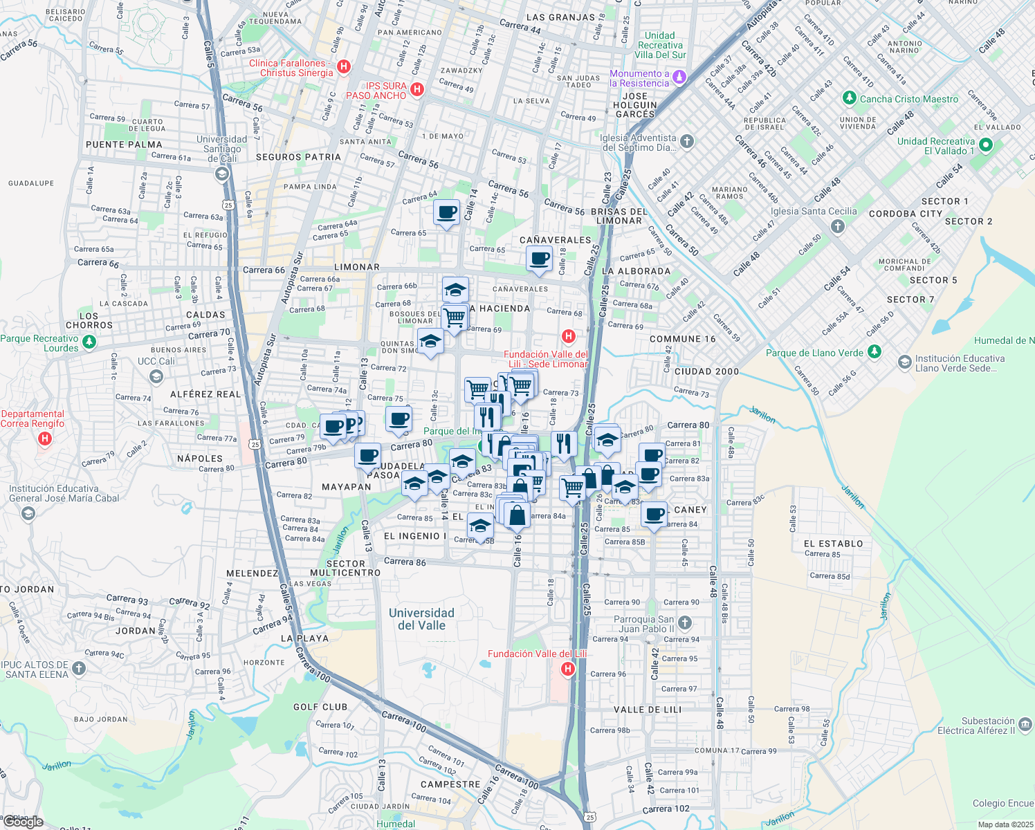 map of restaurants, bars, coffee shops, grocery stores, and more near 15a26 Carrera 76 in Cali