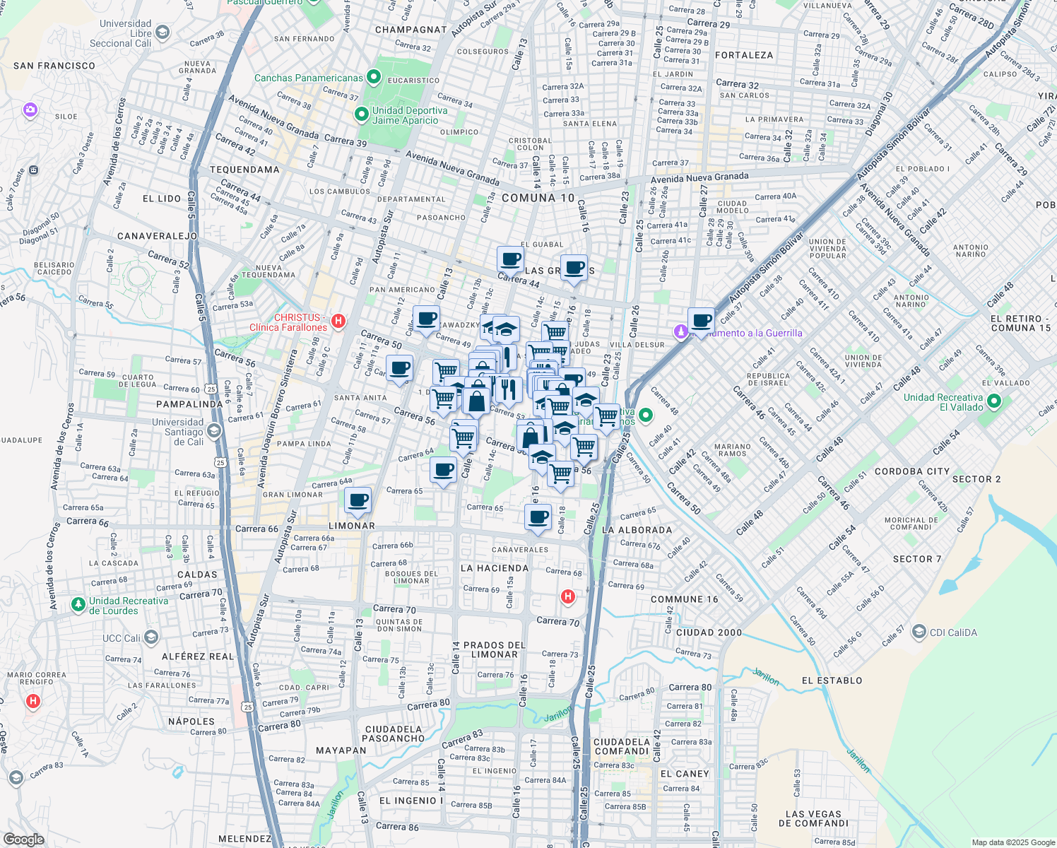 map of restaurants, bars, coffee shops, grocery stores, and more near 15-56 Carrera 53 in Cali