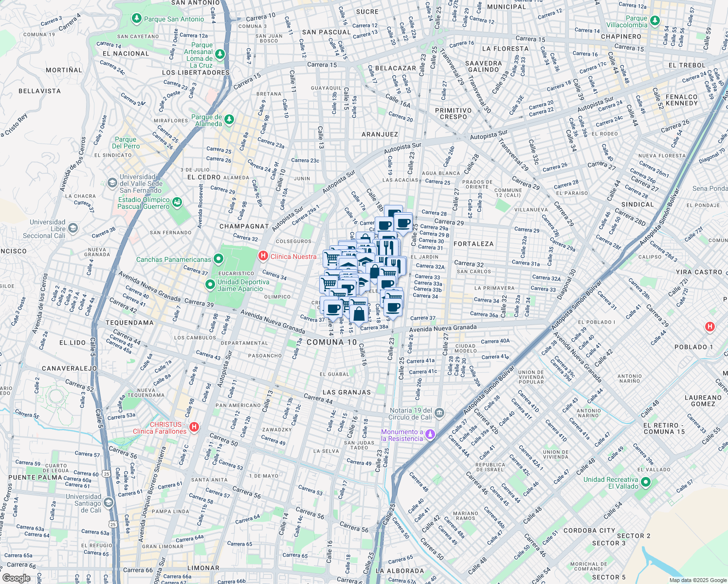 map of restaurants, bars, coffee shops, grocery stores, and more near 16-31 Carrera 34 in Cali