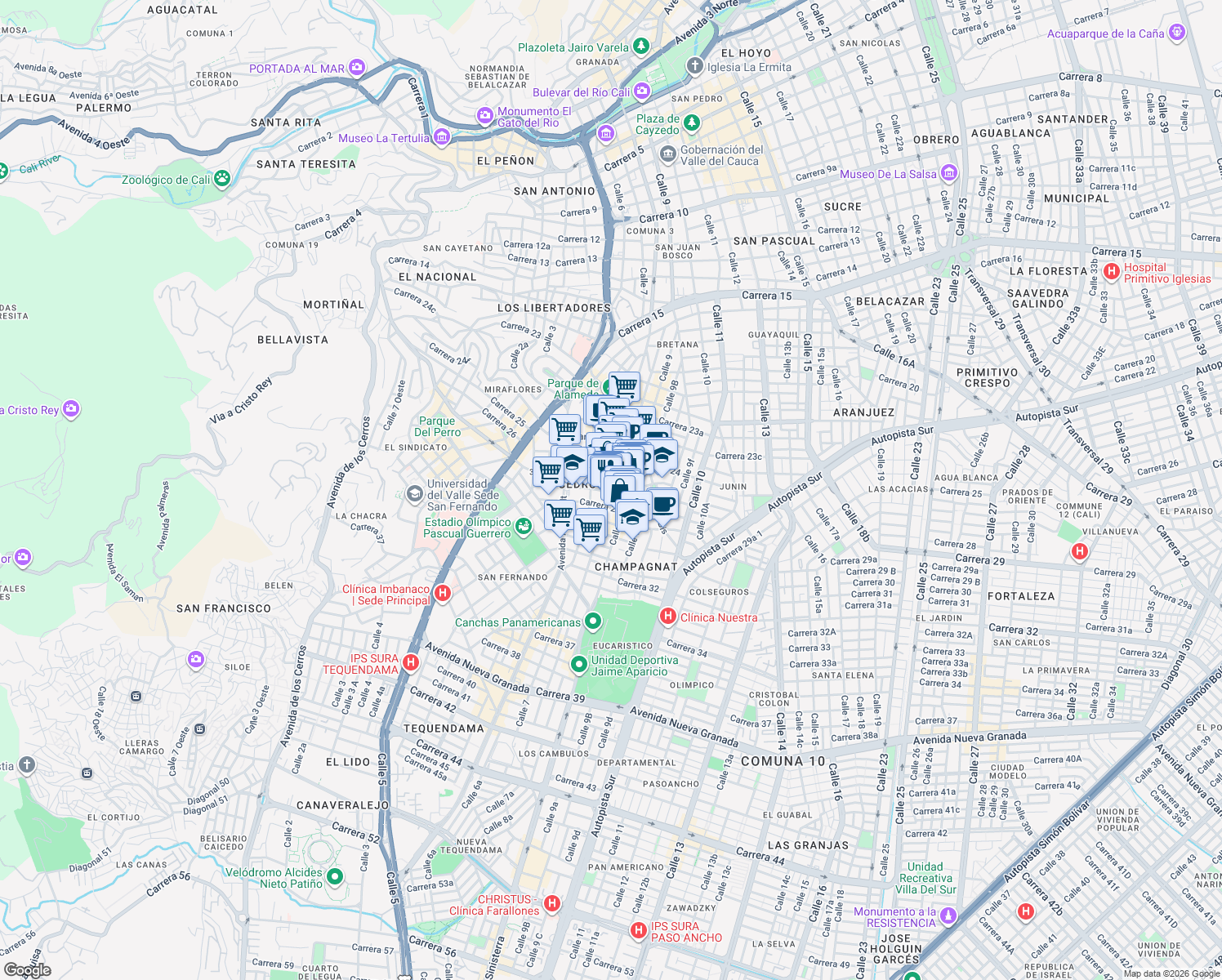 map of restaurants, bars, coffee shops, grocery stores, and more near 87 Carrera 28 in Cali