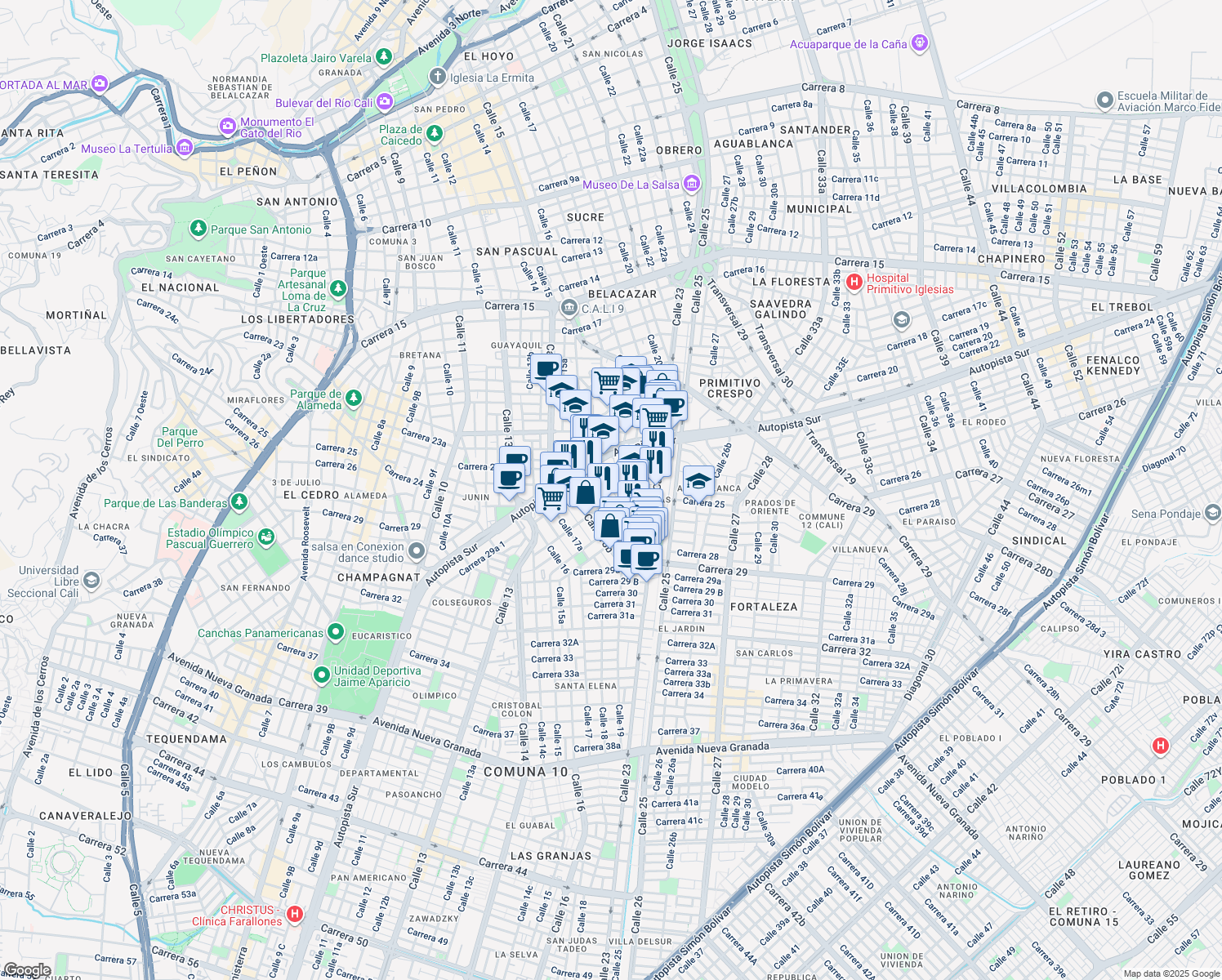 map of restaurants, bars, coffee shops, grocery stores, and more near 23B1-23B99 Calle 19 in Cali