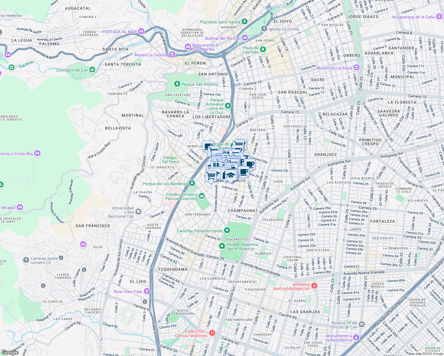 map of restaurants, bars, coffee shops, grocery stores, and more near 6a8 Carrera 27 in Cali