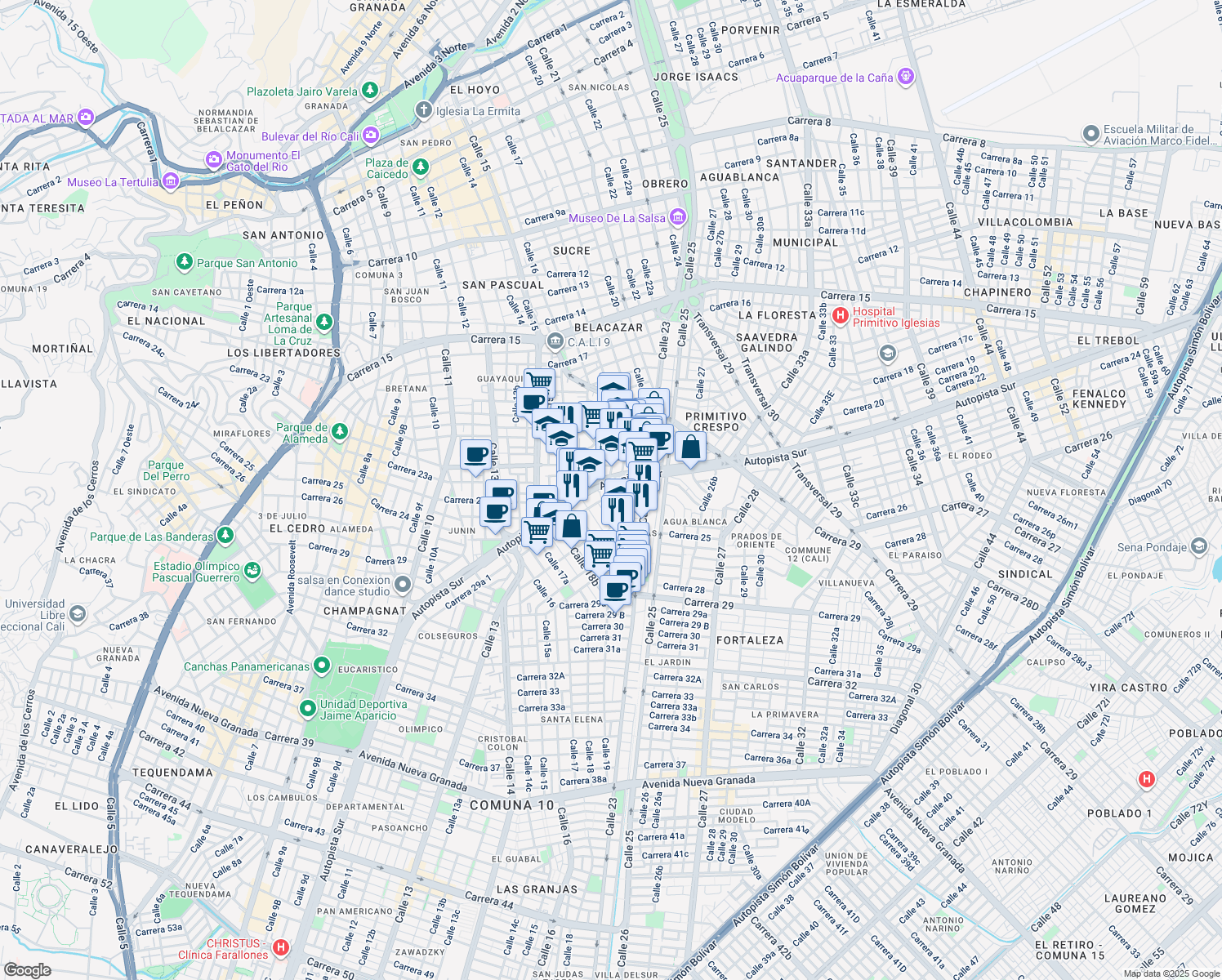 map of restaurants, bars, coffee shops, grocery stores, and more near 23-55 Calle 19 in Cali