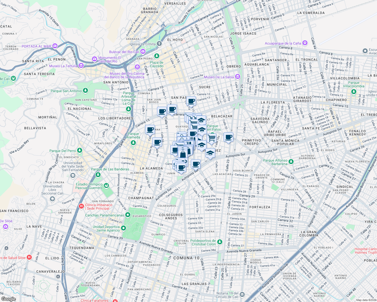 map of restaurants, bars, coffee shops, grocery stores, and more near 15a26 Carrera 76 in Cali