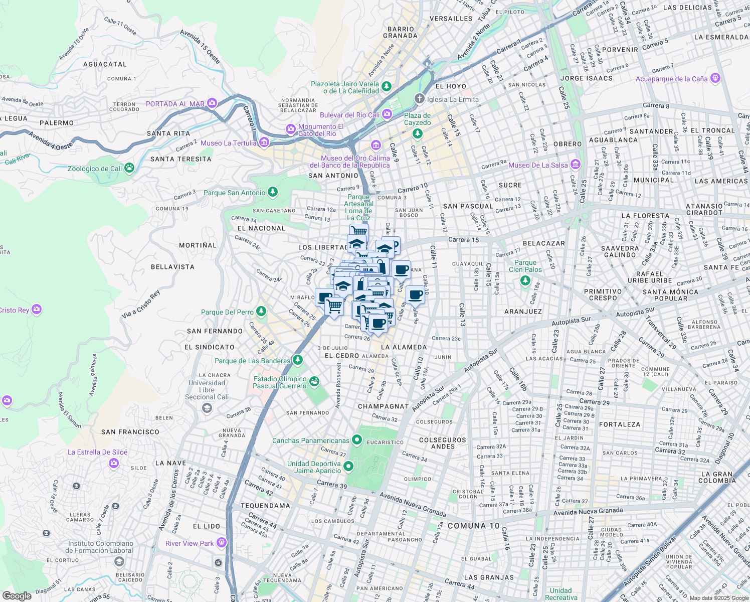 map of restaurants, bars, coffee shops, grocery stores, and more near 4 Carrera 23 in Cali