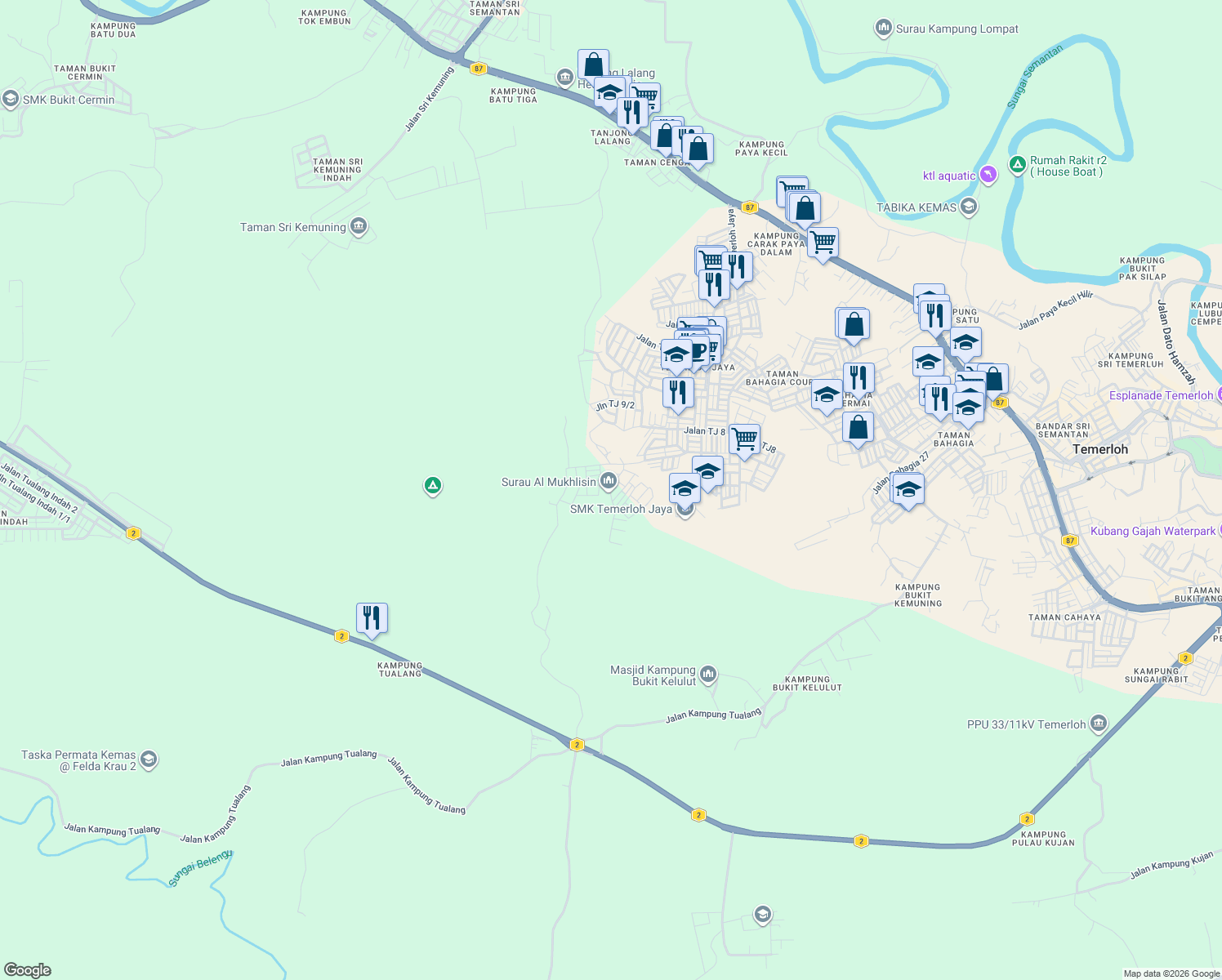 map of restaurants, bars, coffee shops, grocery stores, and more near 16 Jalan Temerloh Jaya Indah 2/2 in Temerloh
