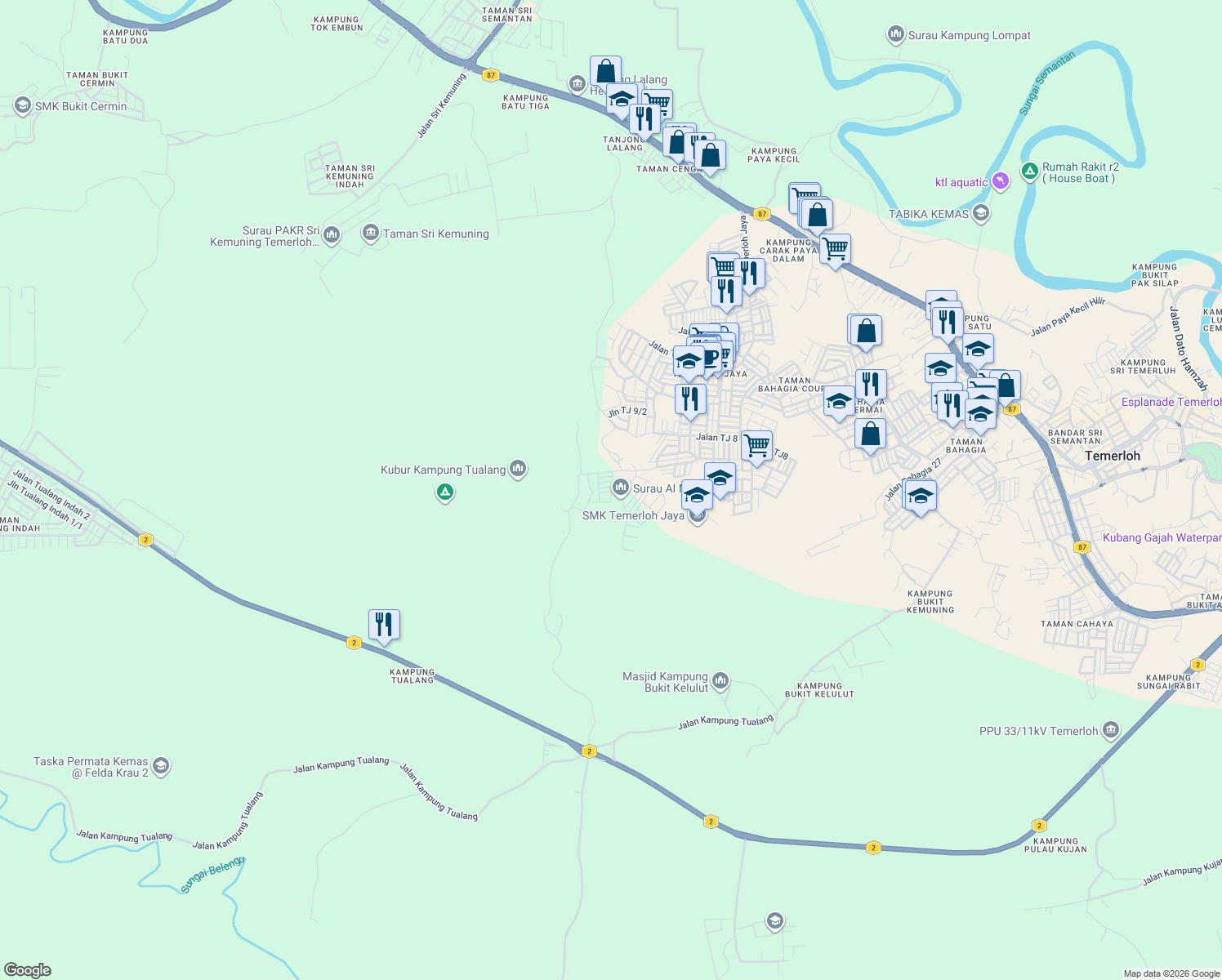 map of restaurants, bars, coffee shops, grocery stores, and more near 16 Jalan Temerloh Jaya Indah 2/2 in Temerloh