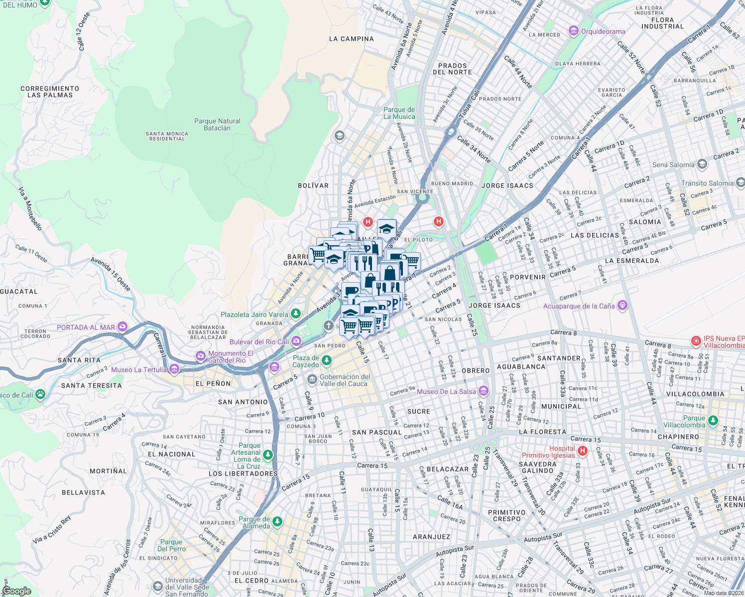 map of restaurants, bars, coffee shops, grocery stores, and more near 18-08 Carrera 1 in Cali
