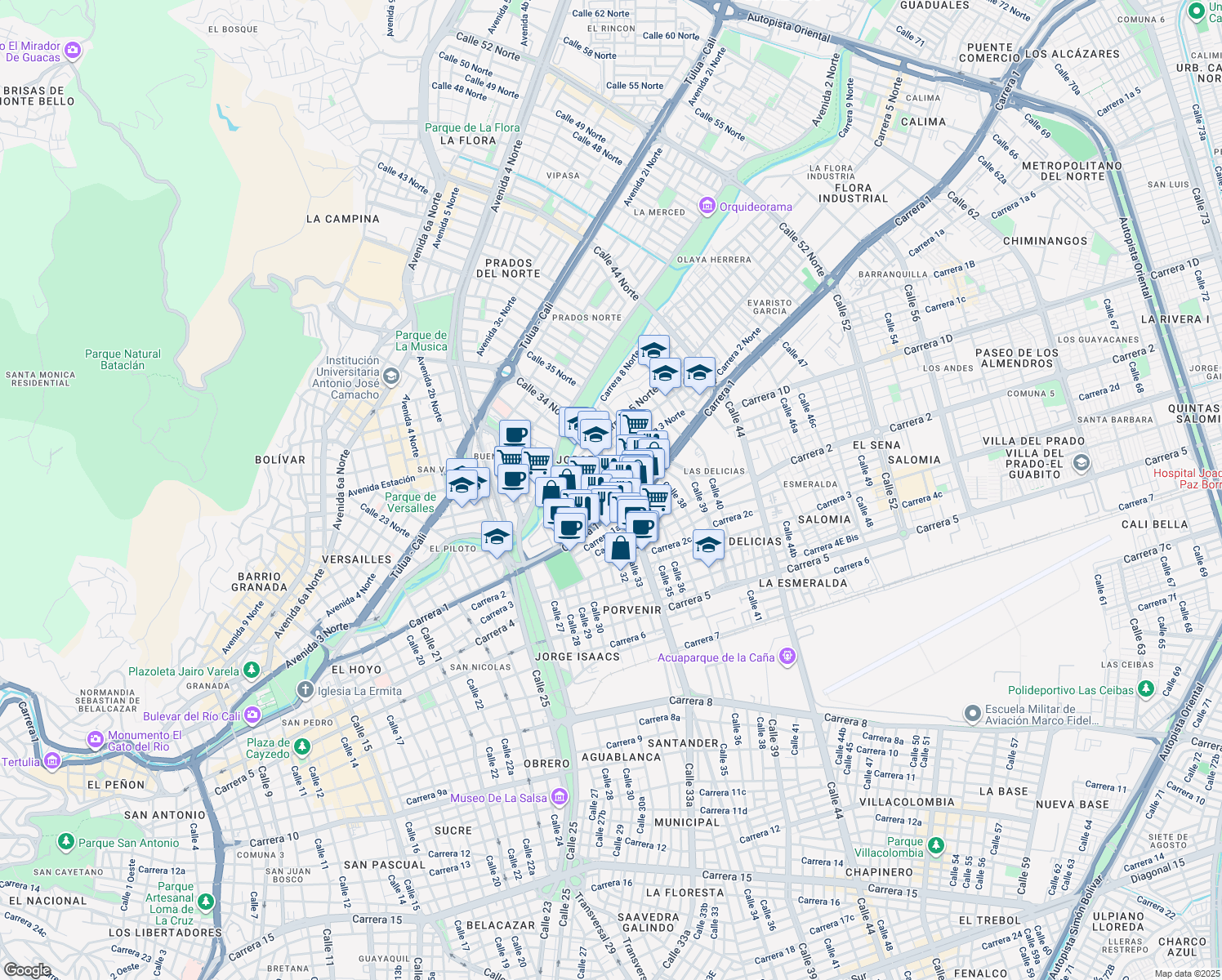 map of restaurants, bars, coffee shops, grocery stores, and more near 2n84 Calle 34 Norte in Cali