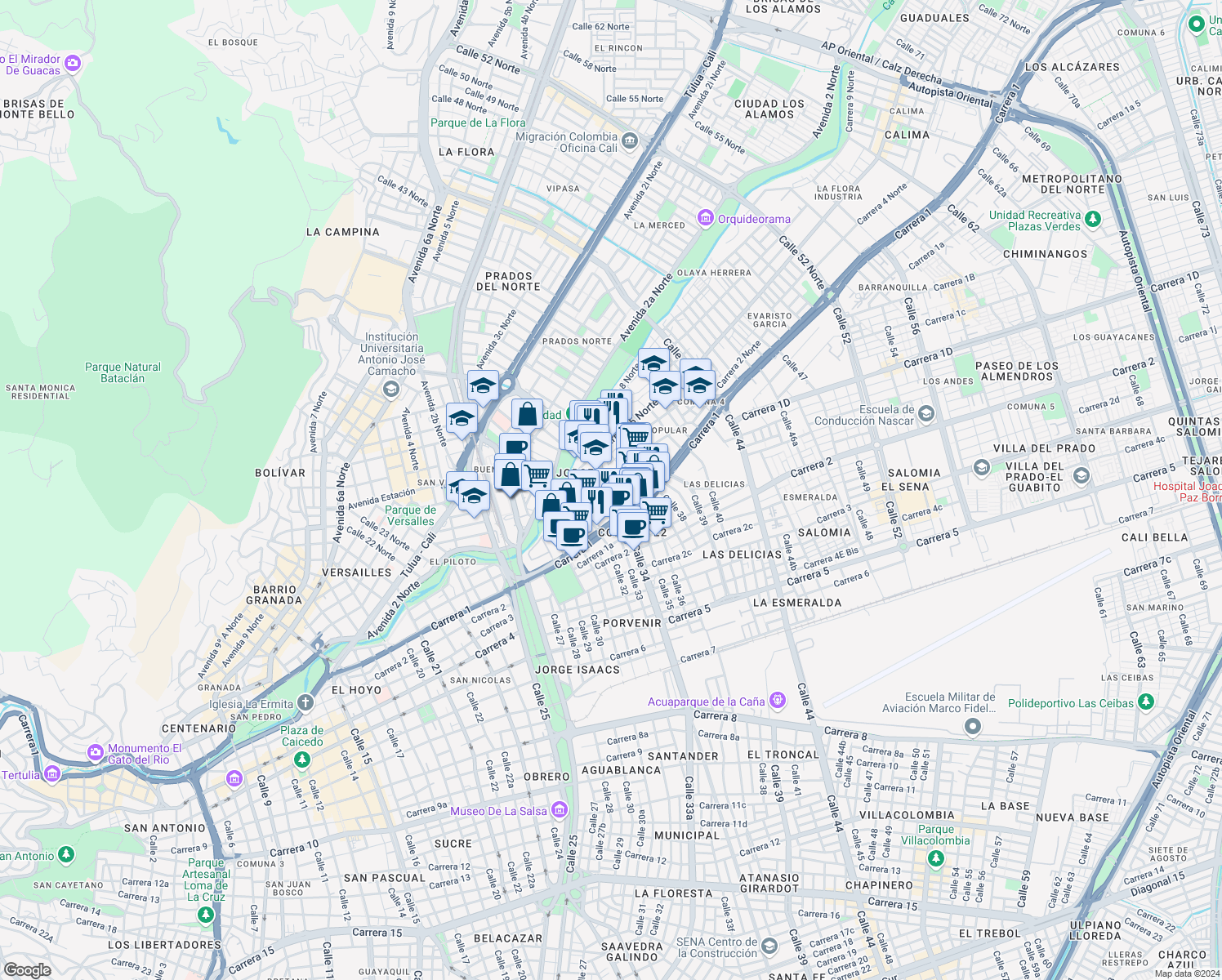 map of restaurants, bars, coffee shops, grocery stores, and more near 2n84 Calle 34 Norte in Cali