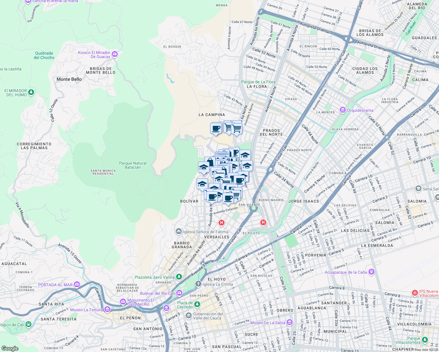 map of restaurants, bars, coffee shops, grocery stores, and more near 87 Carrera 28 in Cali