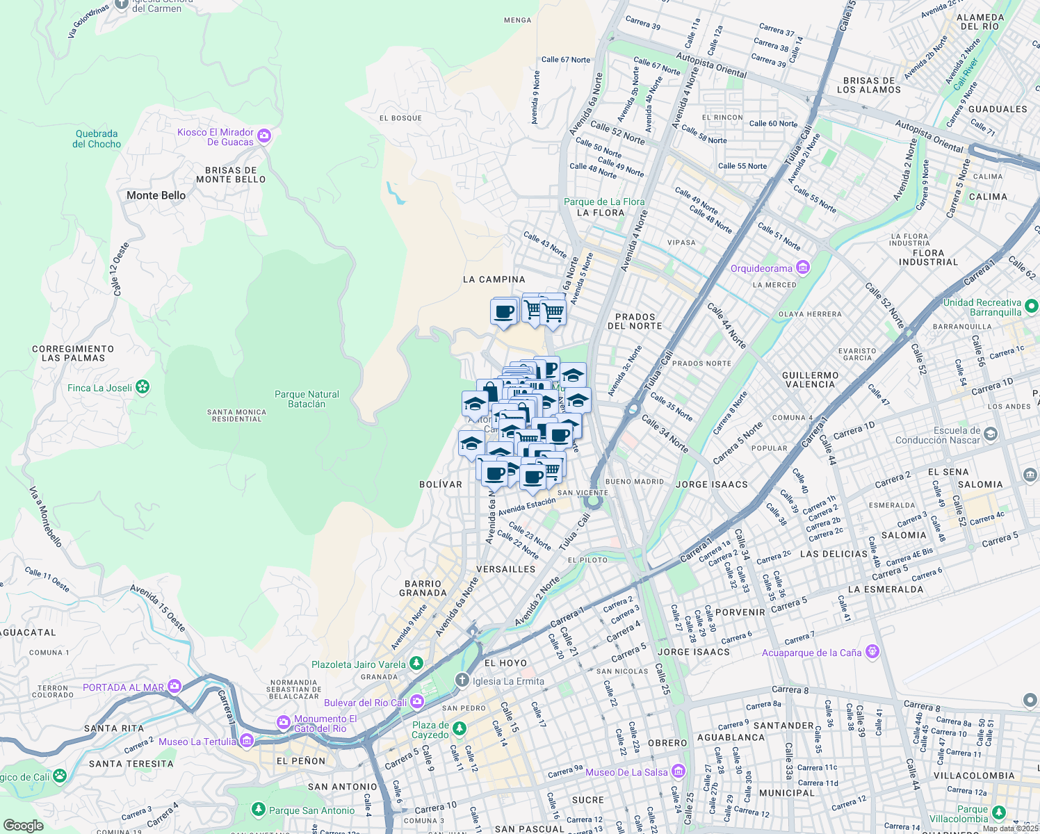 map of restaurants, bars, coffee shops, grocery stores, and more near 76 Avenida 6 Bis Norte in Cali
