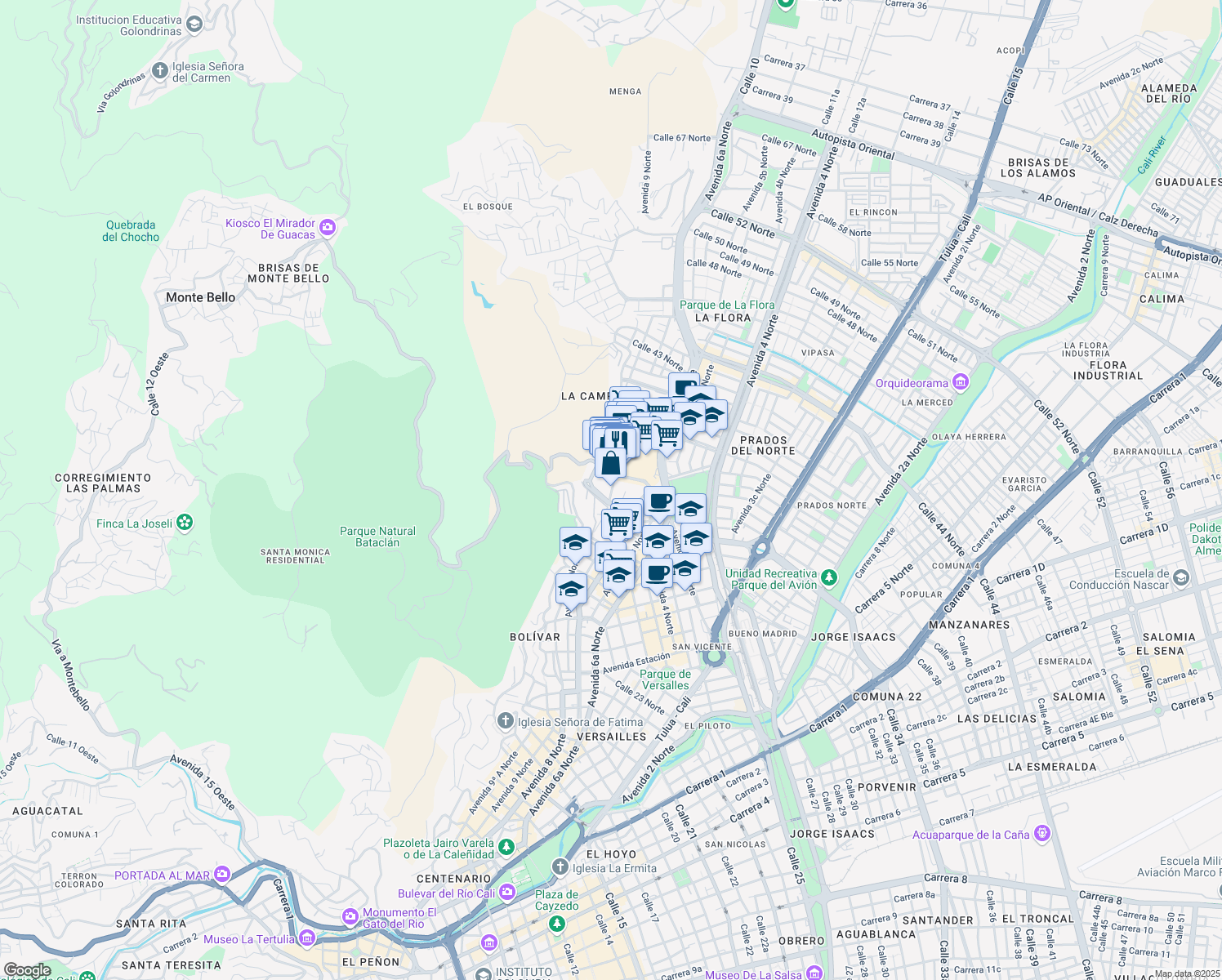 map of restaurants, bars, coffee shops, grocery stores, and more near Avenida 6c Norte in Cali