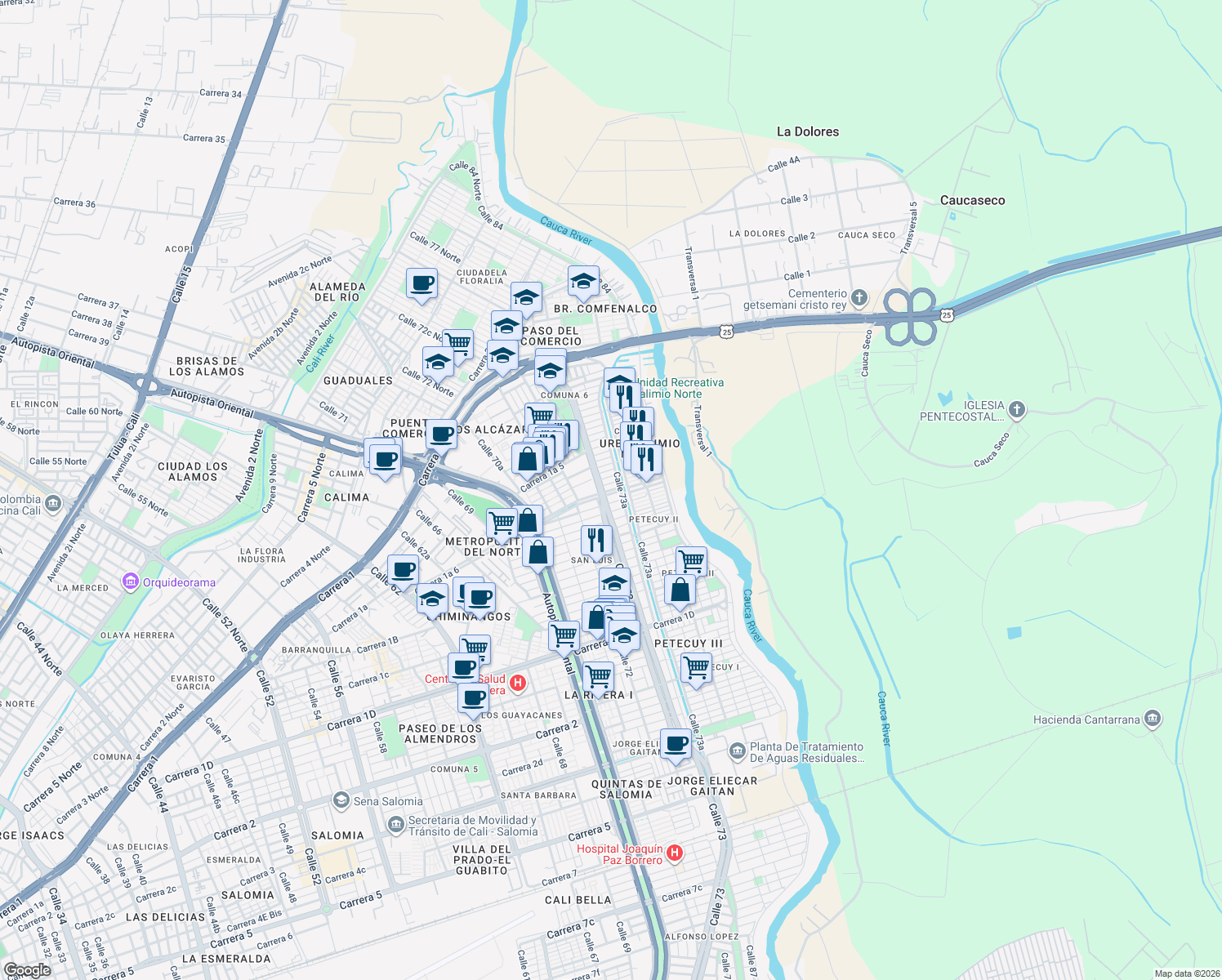 map of restaurants, bars, coffee shops, grocery stores, and more near 6 Carrera 1A in Cali