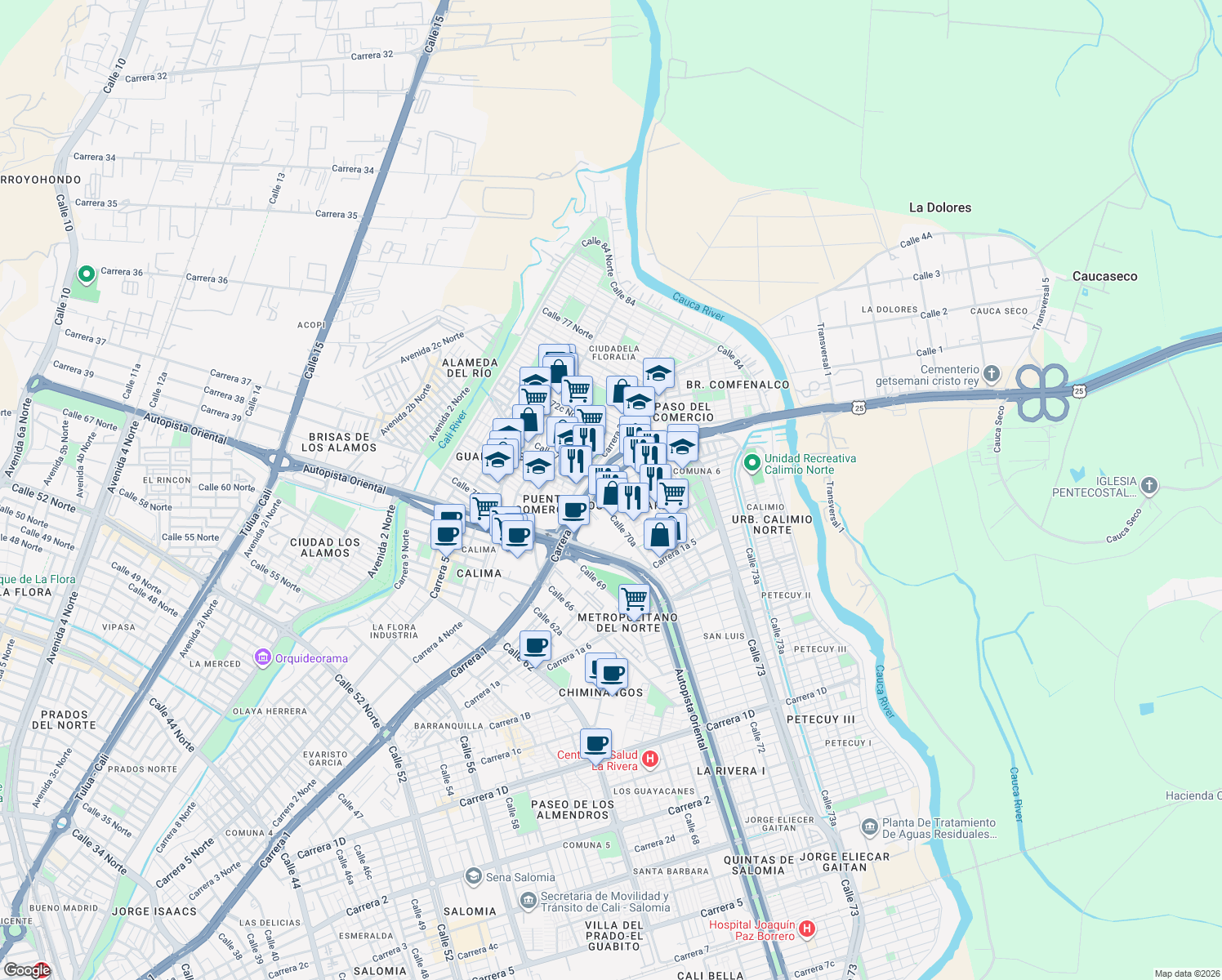 map of restaurants, bars, coffee shops, grocery stores, and more near 6 Carrera 1A in Cali