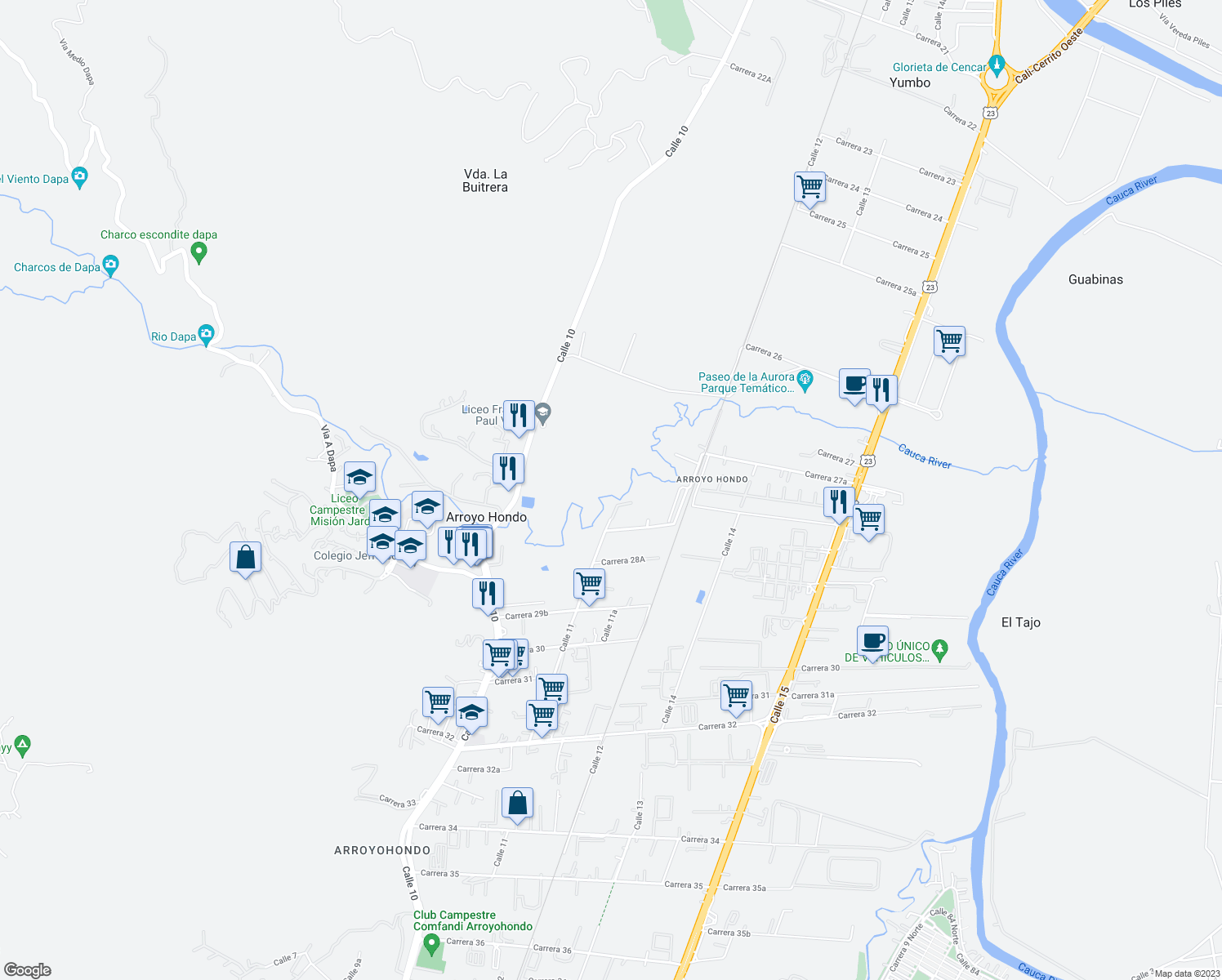 map of restaurants, bars, coffee shops, grocery stores, and more near 28a346 Calle 11 in Yumbo