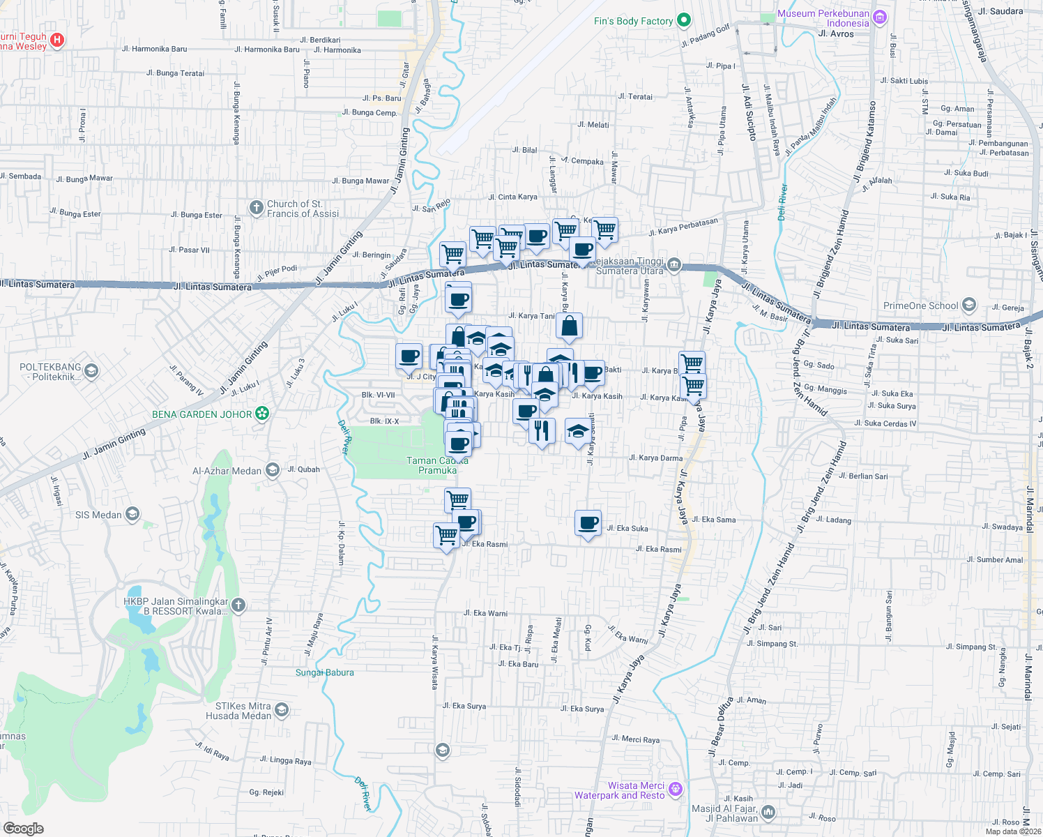 map of restaurants, bars, coffee shops, grocery stores, and more near c10 Jalan Palem Indah III in Kota Medan