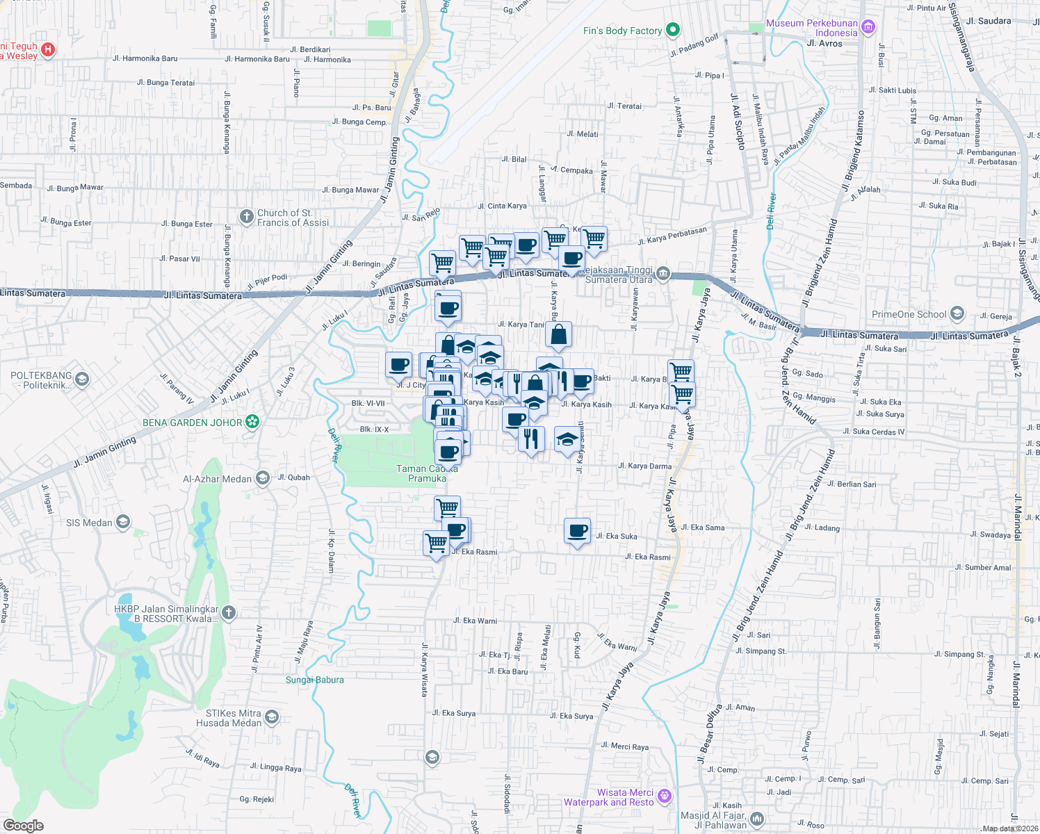 map of restaurants, bars, coffee shops, grocery stores, and more near c10 Jalan Palem Indah III in Kota Medan