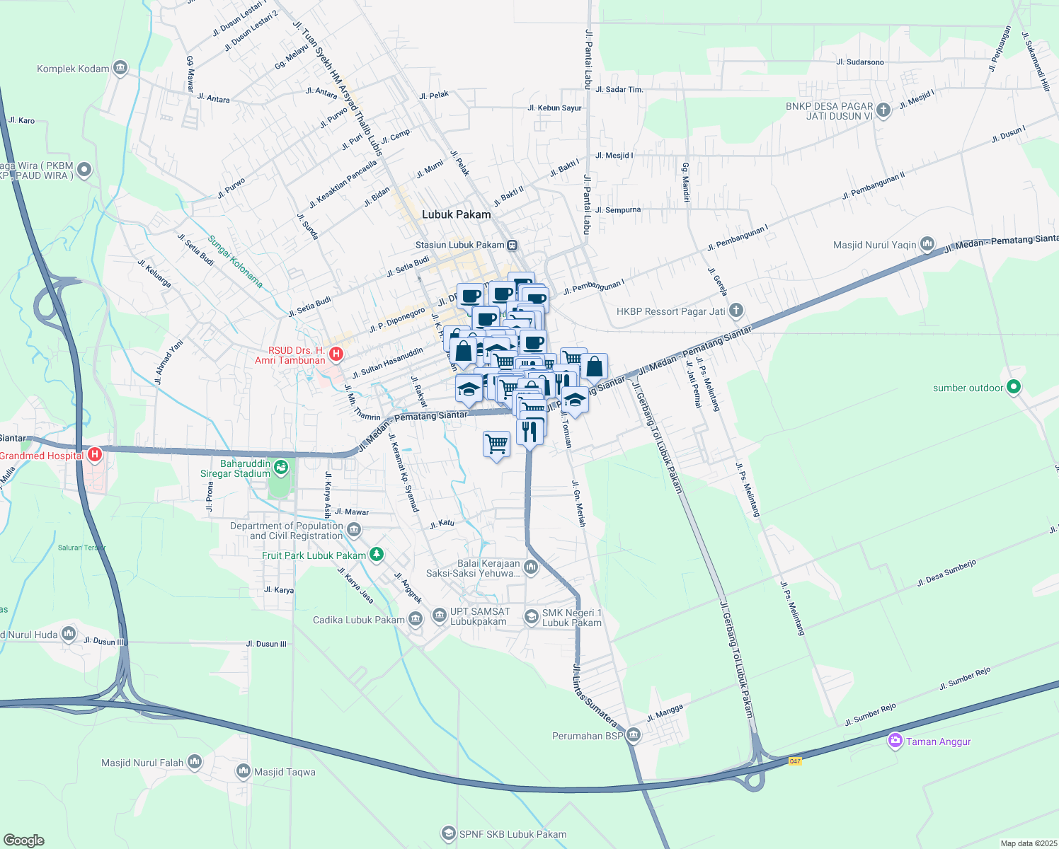 map of restaurants, bars, coffee shops, grocery stores, and more near 46 Jalan Raya Lintas Tengah Sumatera in Kabupaten Deli Serdang