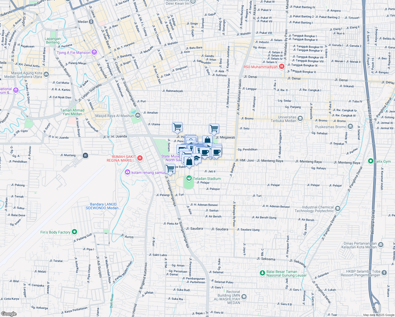 map of restaurants, bars, coffee shops, grocery stores, and more near Jalan HM Joni in Medan