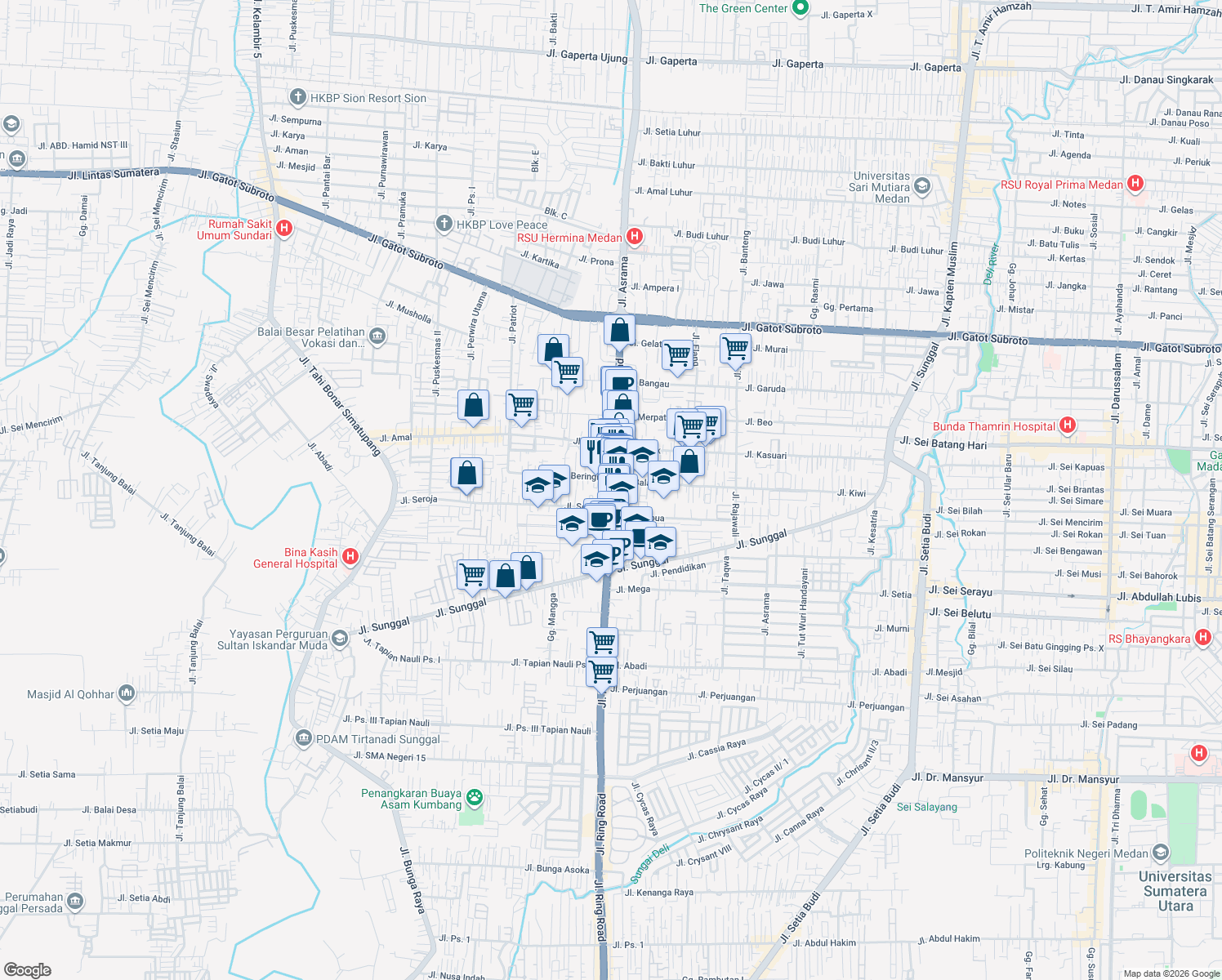 map of restaurants, bars, coffee shops, grocery stores, and more near 58 Jalan Ring Road in Kota Medan