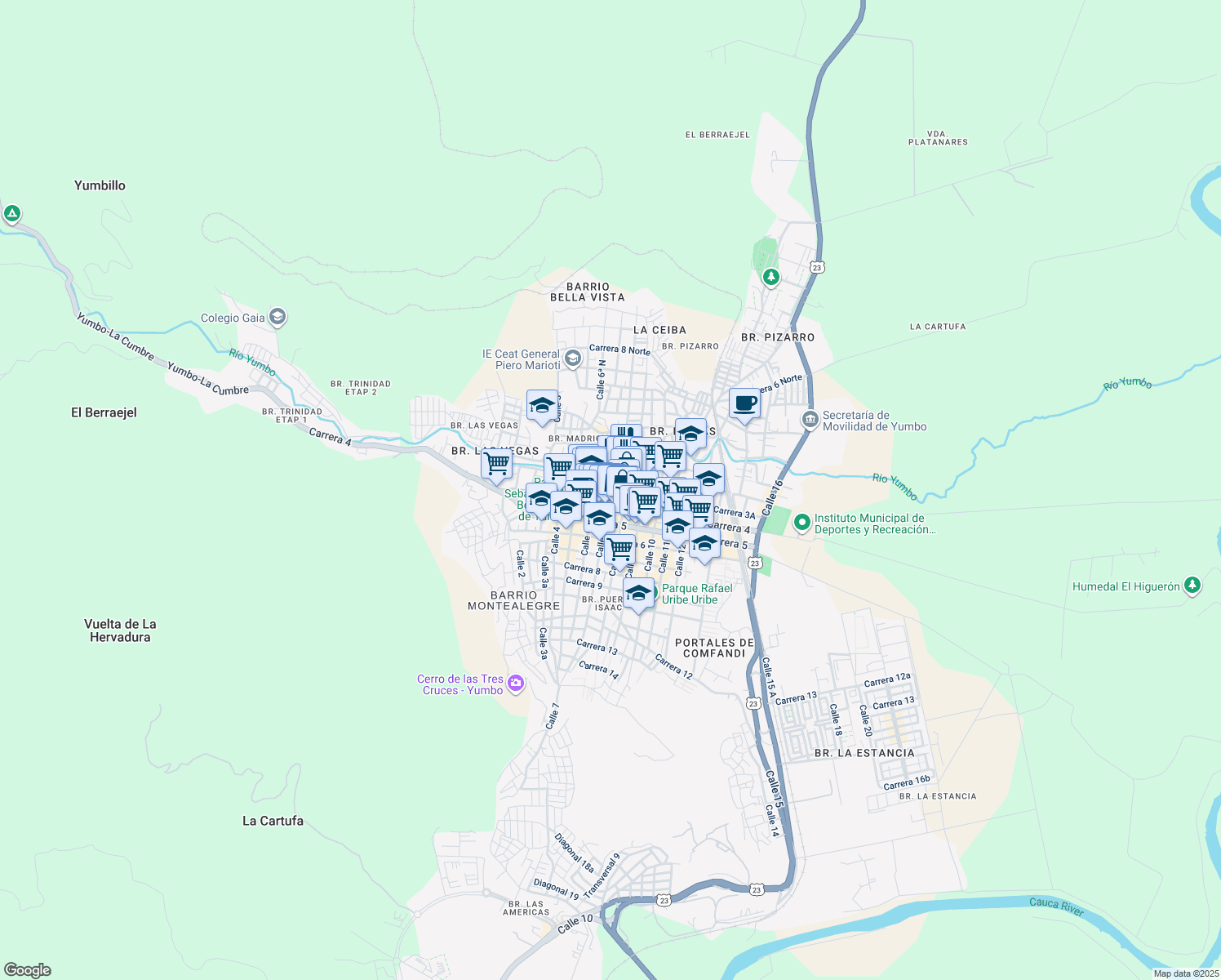 map of restaurants, bars, coffee shops, grocery stores, and more near 38 Calle 7 in Yumbo