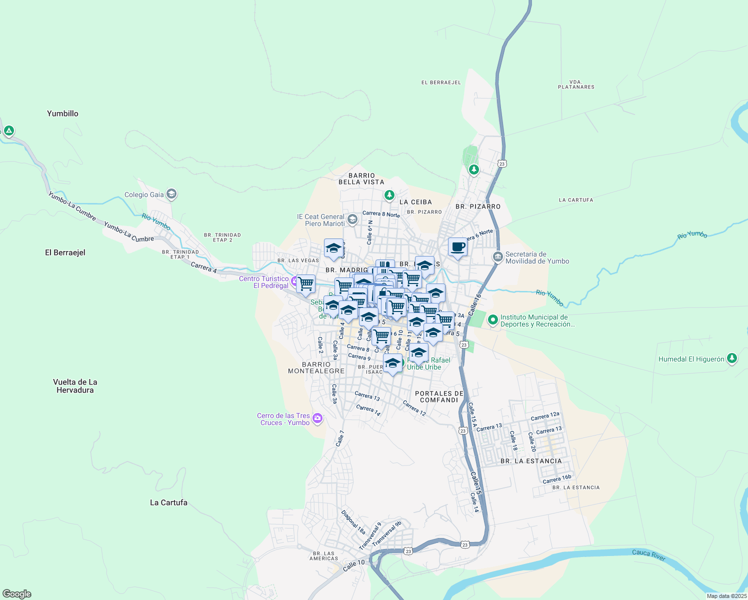 map of restaurants, bars, coffee shops, grocery stores, and more near 38 Calle 7 in Yumbo