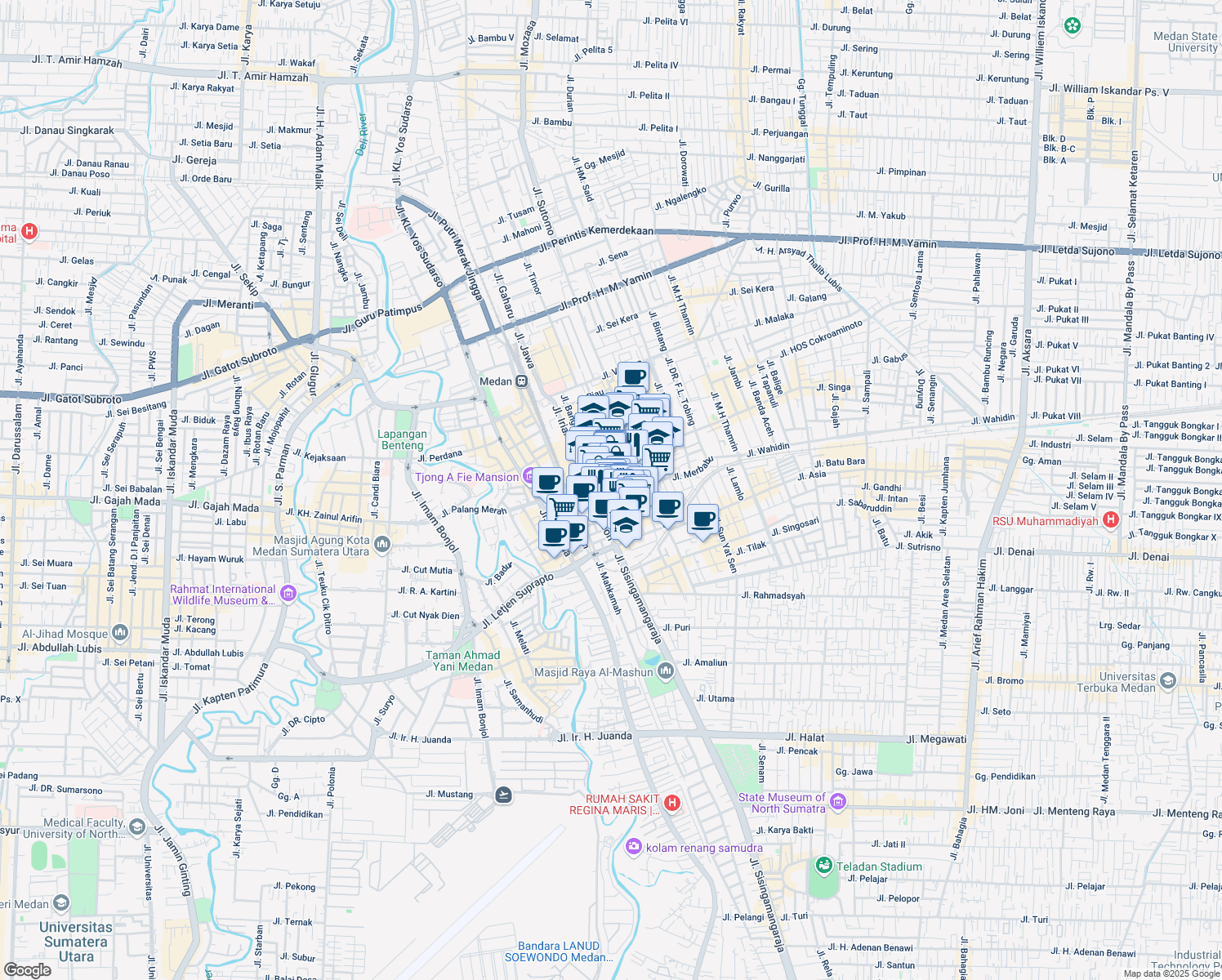 map of restaurants, bars, coffee shops, grocery stores, and more near Jalan Bandung in Medan