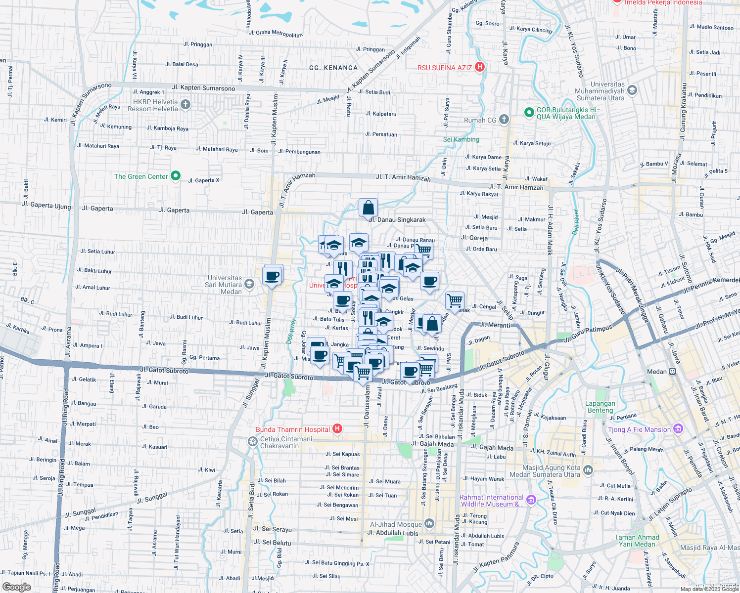 map of restaurants, bars, coffee shops, grocery stores, and more near Jalan Abdul Hamid in Medan