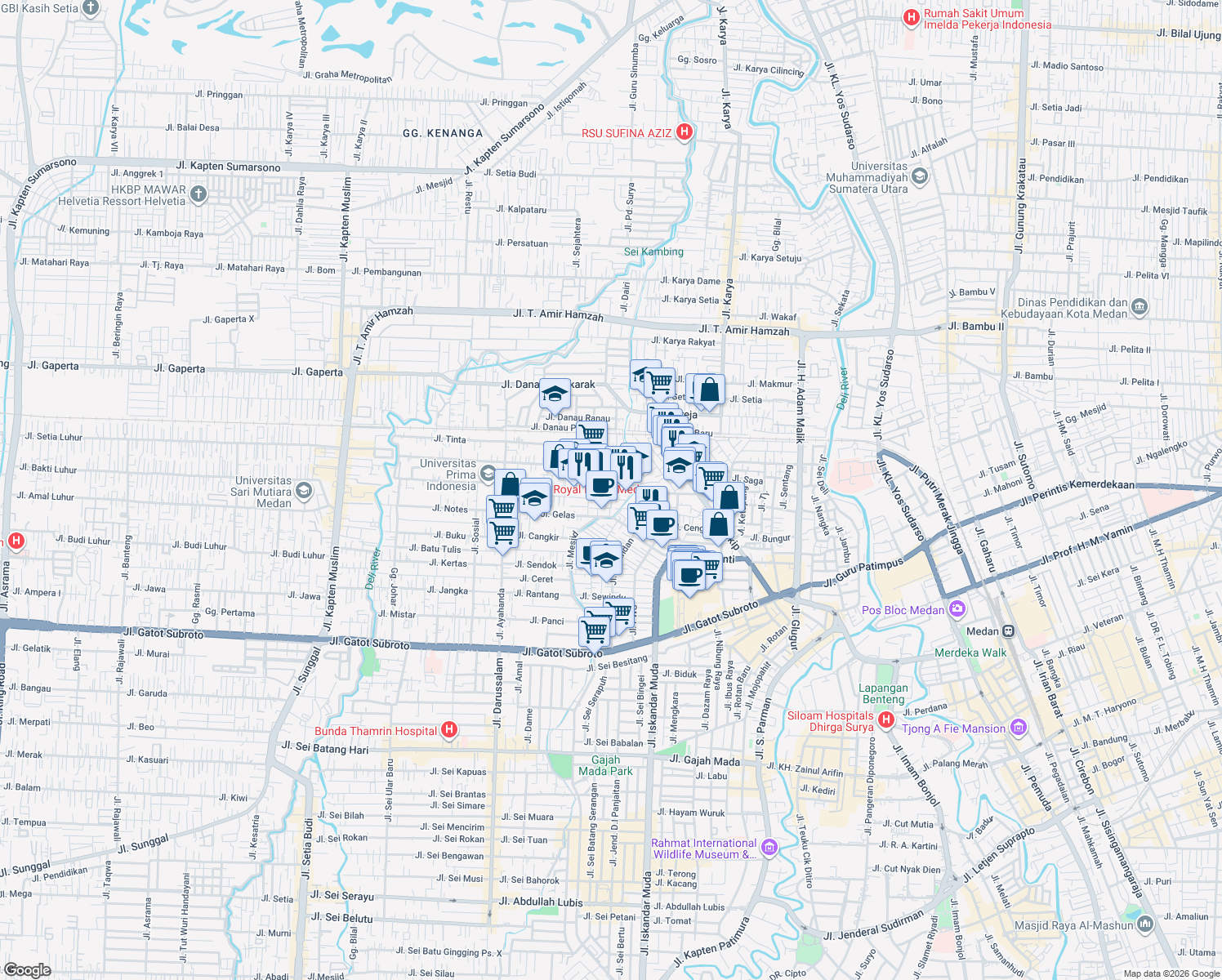 map of restaurants, bars, coffee shops, grocery stores, and more near Jalan Pabrik Tenun in Medan