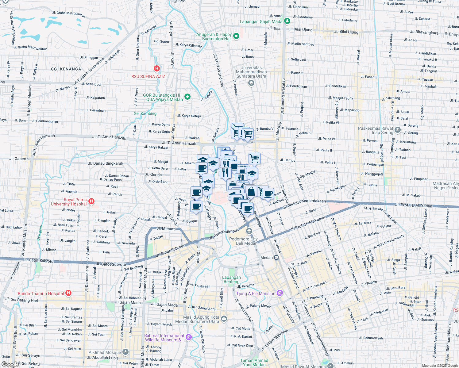 map of restaurants, bars, coffee shops, grocery stores, and more near Jalan Putri Hijau in Medan