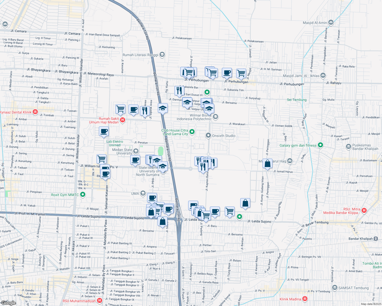 map of restaurants, bars, coffee shops, grocery stores, and more near Kav 1 Jalan Boulevard Barat Raya in Kota Medan