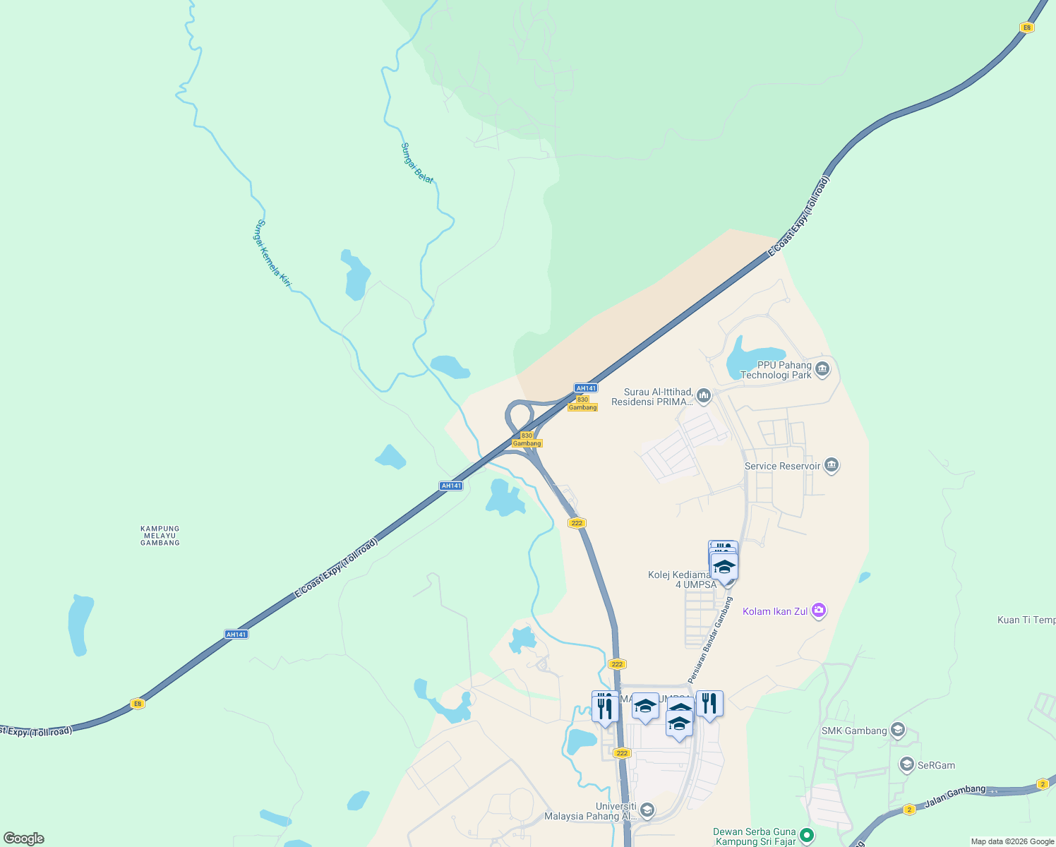 map of restaurants, bars, coffee shops, grocery stores, and more near Exit 830 Persimpangan Gambang in Gambang