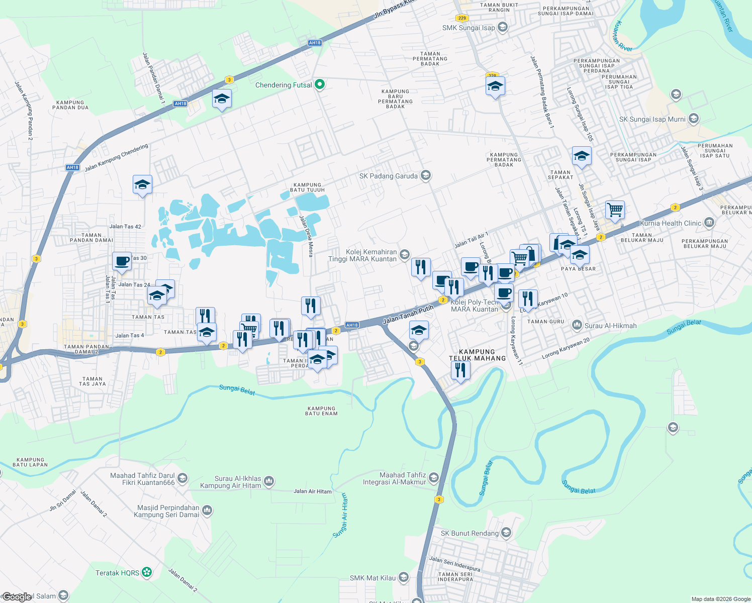 map of restaurants, bars, coffee shops, grocery stores, and more near 16 Lorong Permatang Badak Perdana 113 in Kuantan