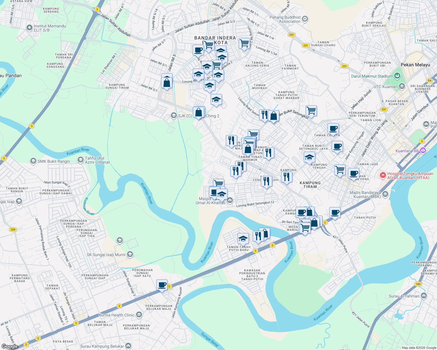 map of restaurants, bars, coffee shops, grocery stores, and more near 24 Lorong Bukit Setongkol Maju 44 in Kuantan