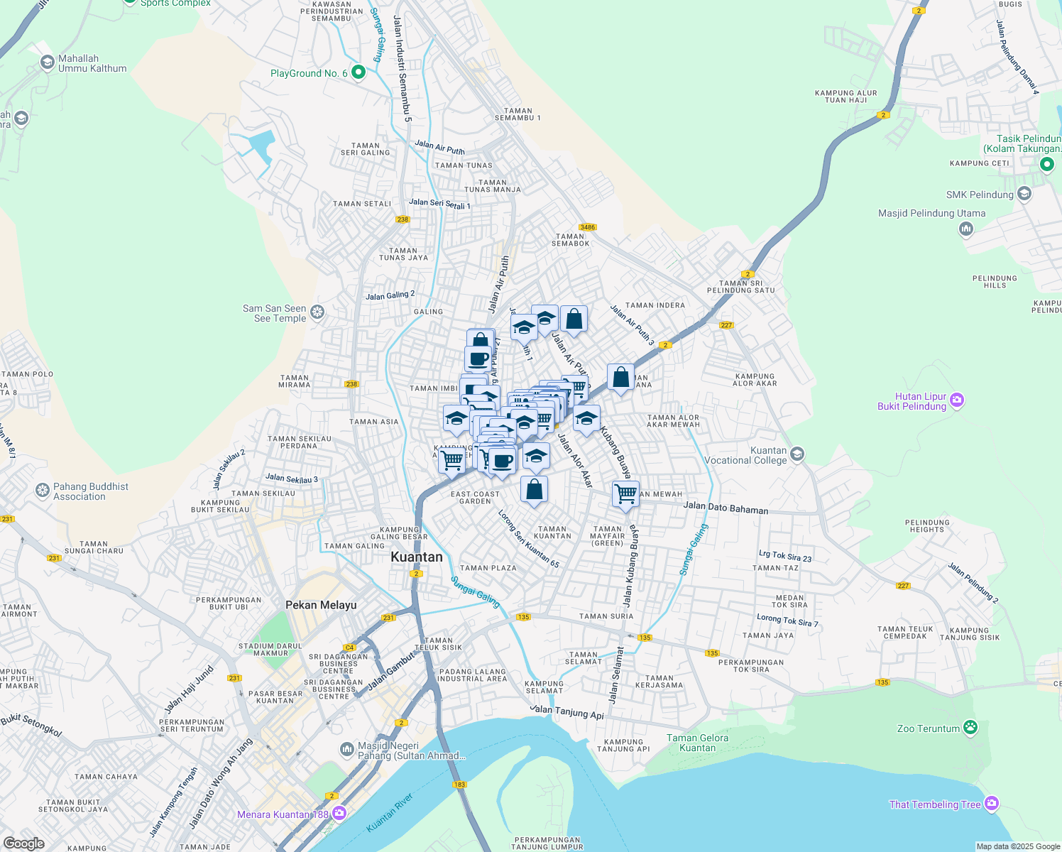 map of restaurants, bars, coffee shops, grocery stores, and more near 63 Lorong Air Putih 2 in Kuantan