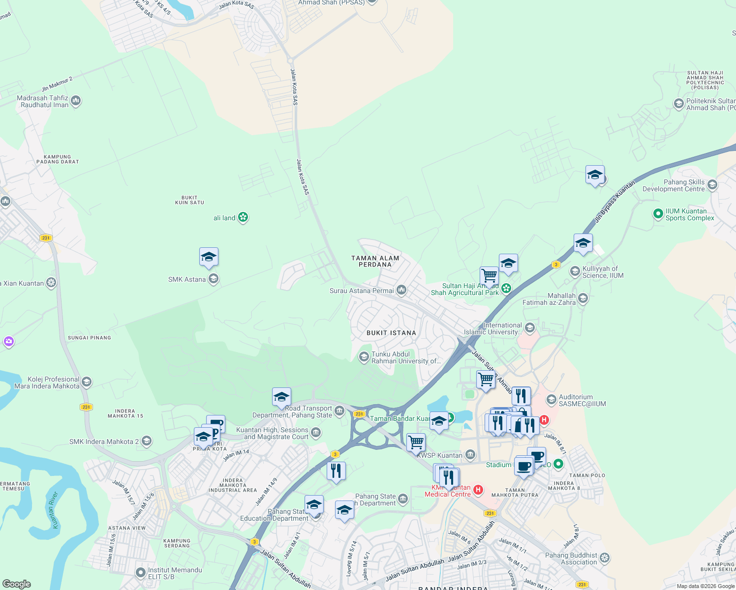 map of restaurants, bars, coffee shops, grocery stores, and more near in Kuantan