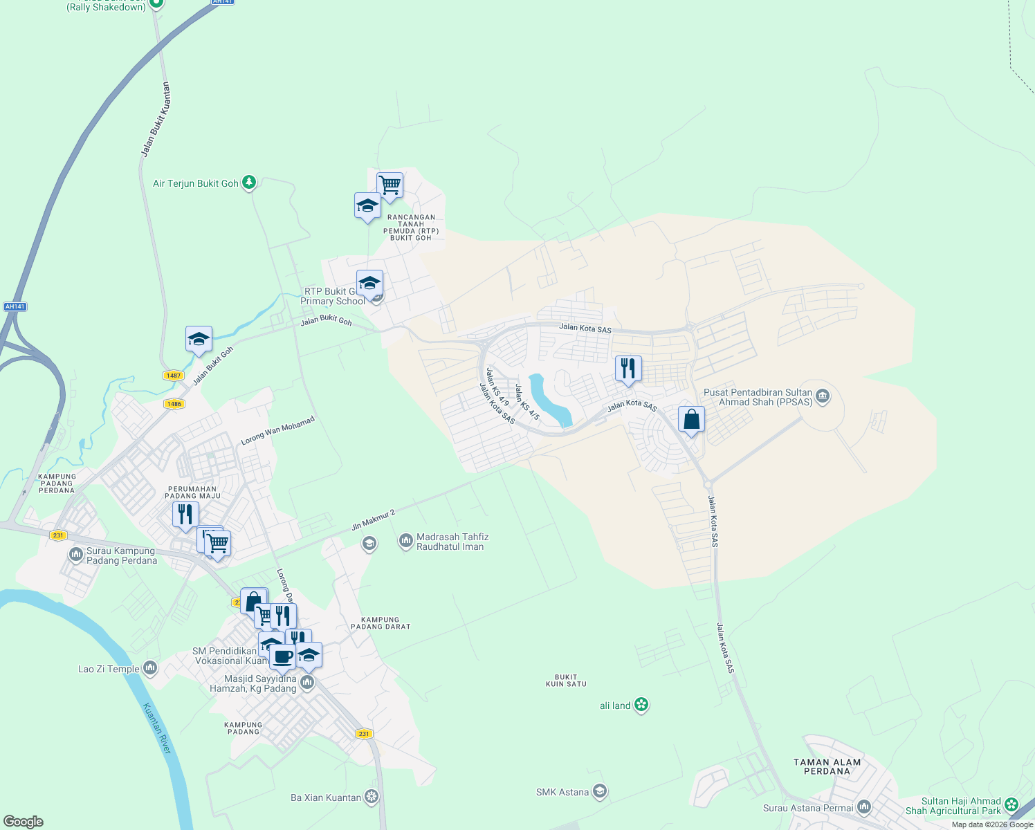 map of restaurants, bars, coffee shops, grocery stores, and more near 11 Jalan KS 4/6 in Kuantan