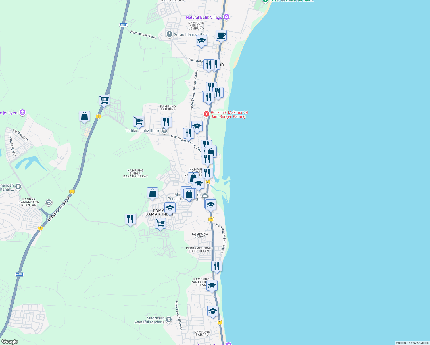 map of restaurants, bars, coffee shops, grocery stores, and more near in Kuantan