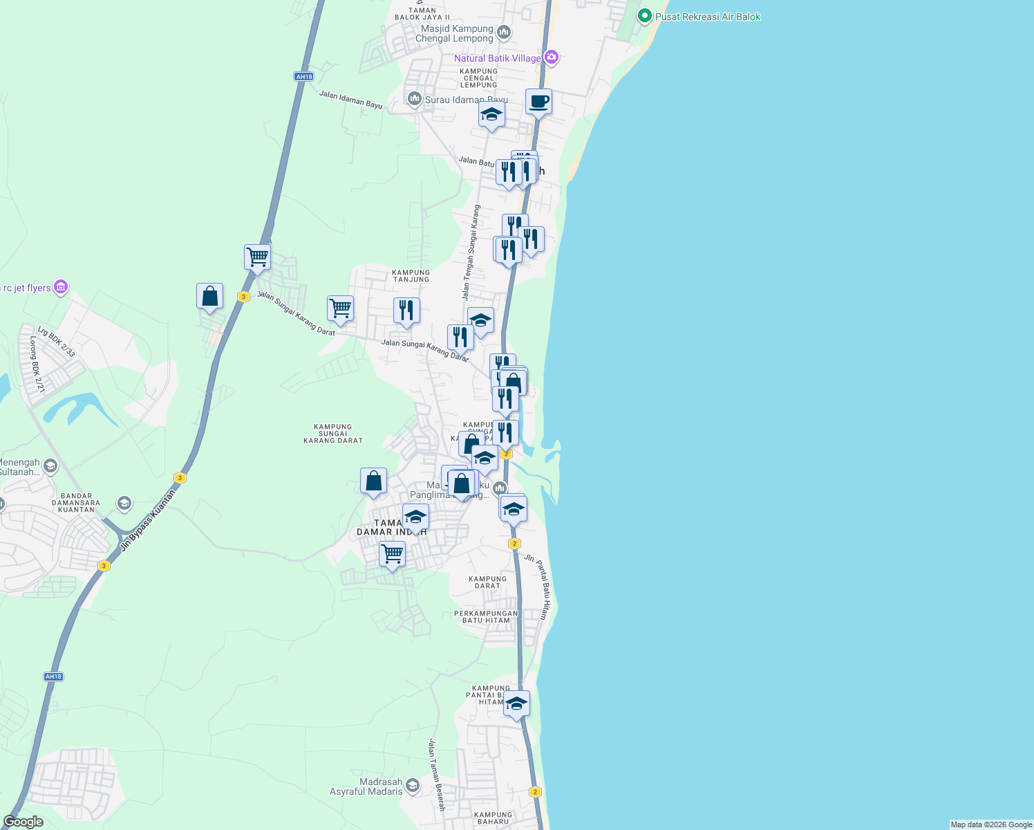 map of restaurants, bars, coffee shops, grocery stores, and more near Jalan Kuantan - Kemaman in Kuantan