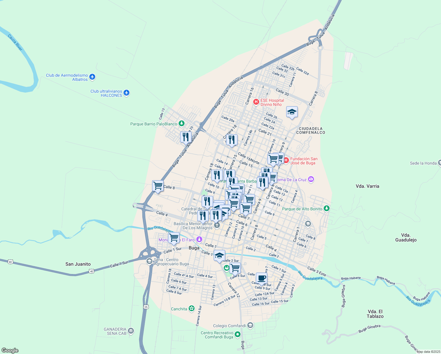 map of restaurants, bars, coffee shops, grocery stores, and more near 1199 Carrera 16 in Buga