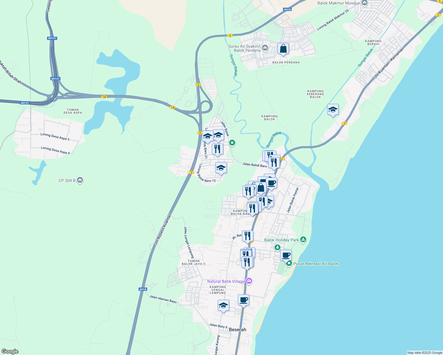 map of restaurants, bars, coffee shops, grocery stores, and more near Lorong Balok Baru 4 in Kuantan